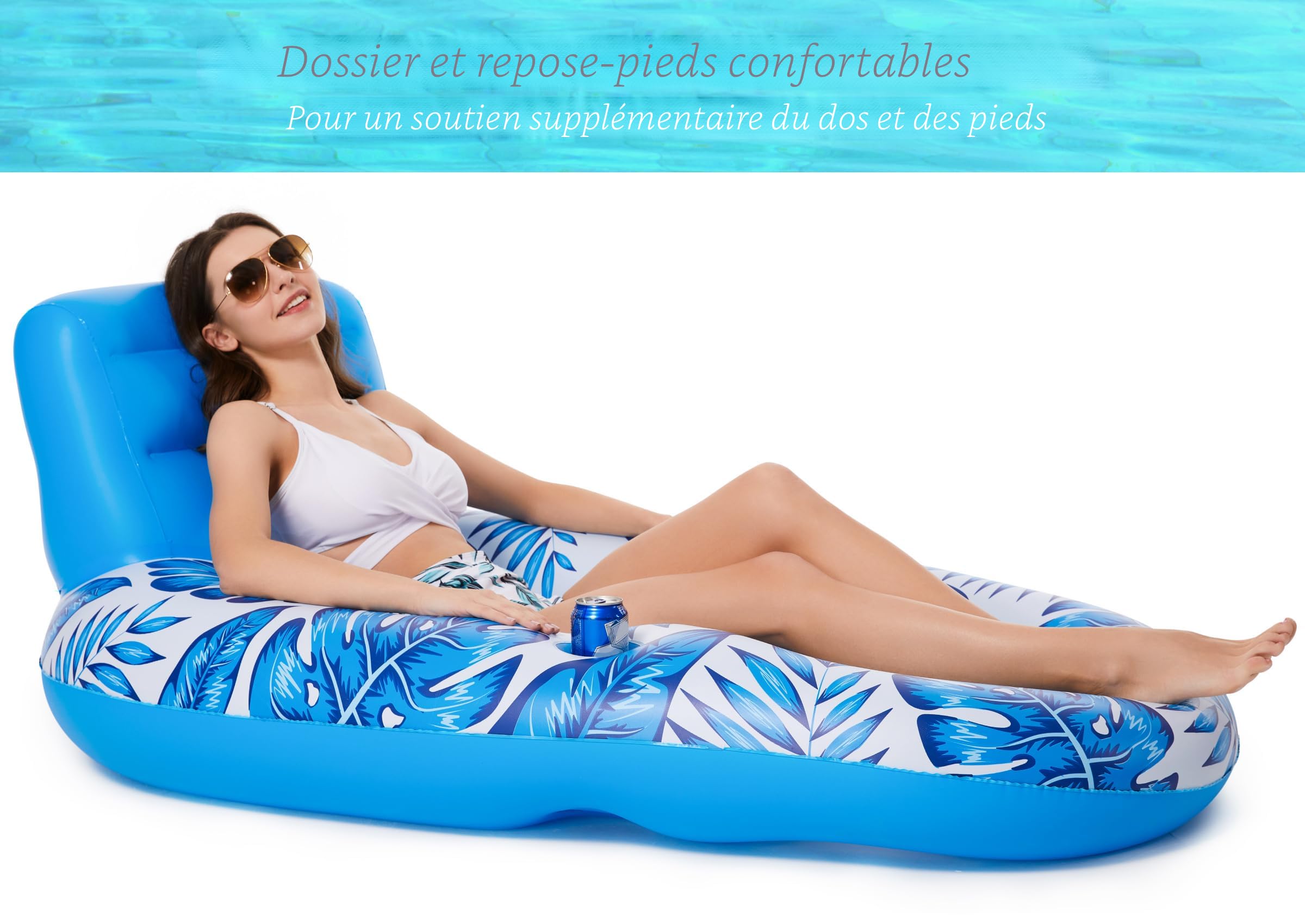 Grande chaise longue flottante pour adultes VEVOR, 82 x 55 po, flotteur de piscine gonflable avec auvent FPU de 50+, flotteur de bain de soleil capacité de 550 lb avec oreiller, téléphone et