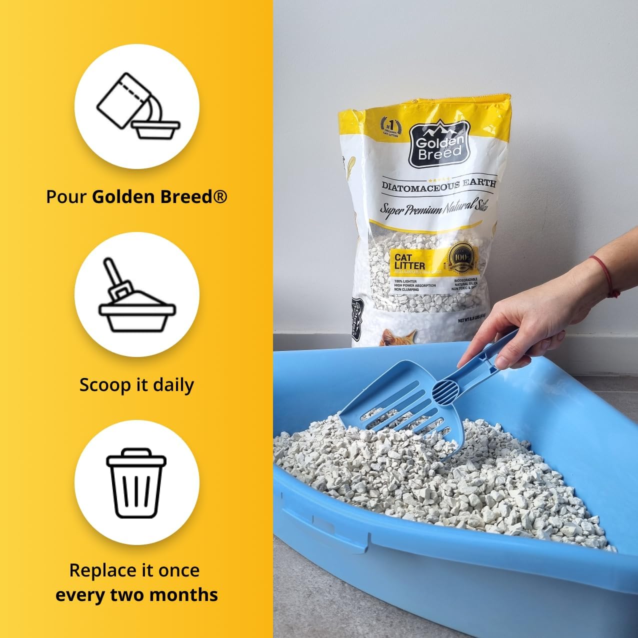Golden Breed - Unscented, Natural, Lightweight, Diatomaceous Earth, Non-Clumping, Superior Odor Control, Eco-Friendly, 8.8 lb