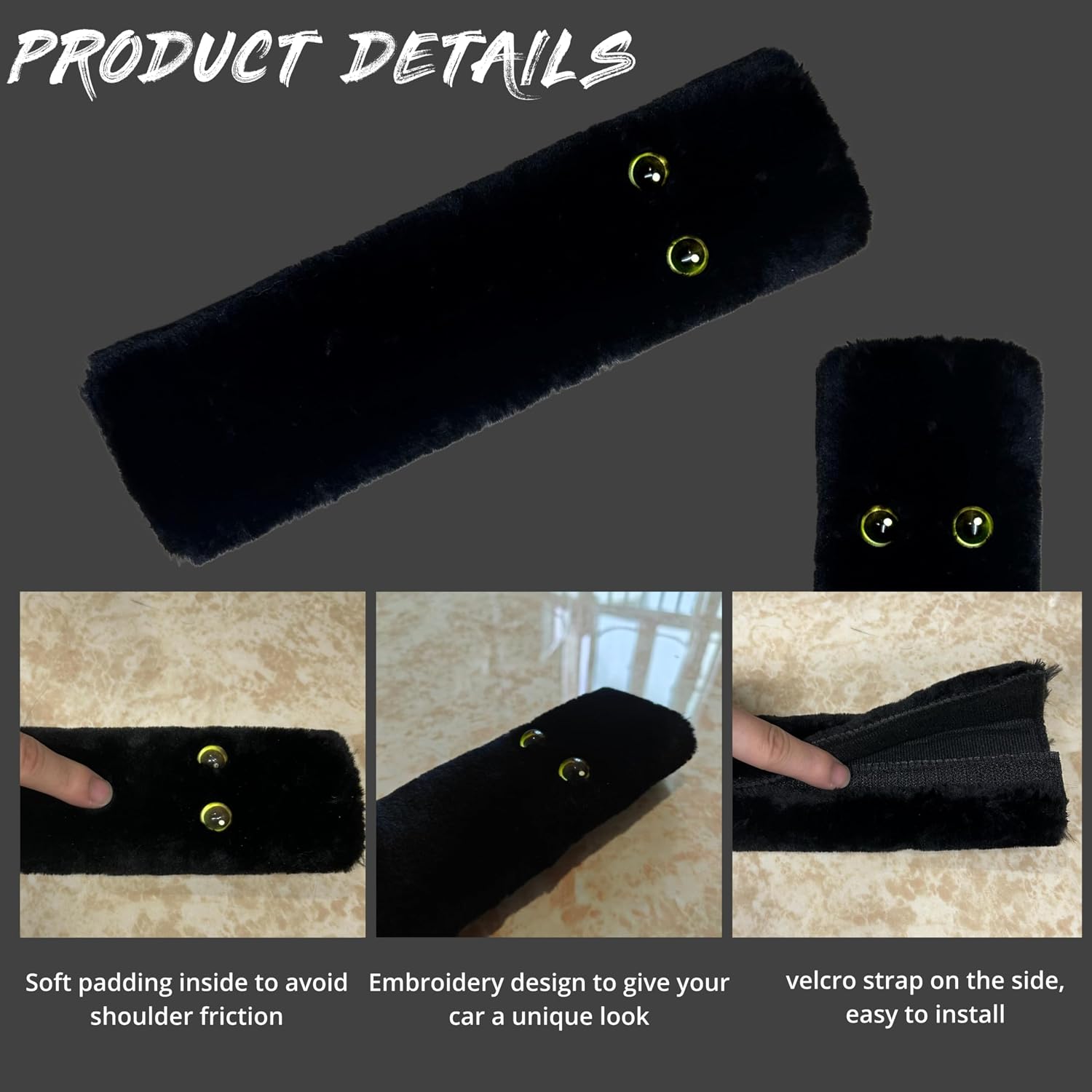 Black Cat Panther Seat Belt Strap Cover Pad, Fluffy Cushion 2 PC | Cute Kawaii Lovely Car Interior Accessories Decor for Cat Lover, Artificial Soft Wool, Shoulder Neck Protector
