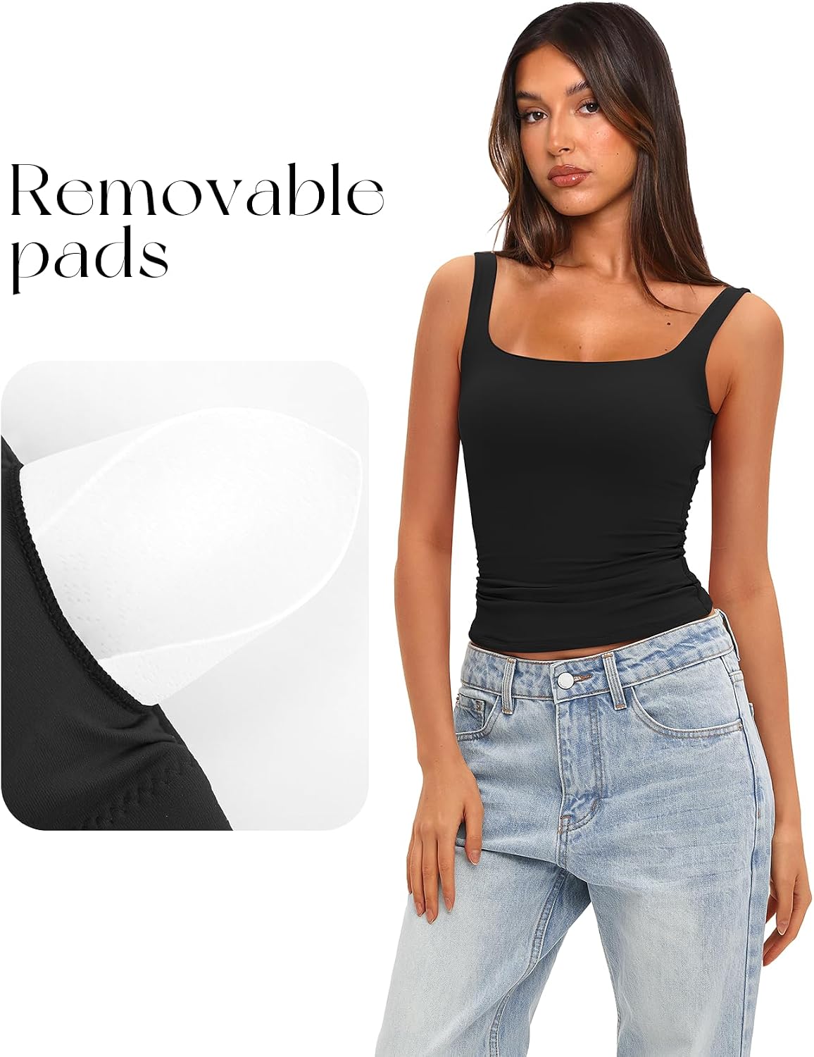 Women's Padded Square Neck Tank Tops Summer Double Layer Basic Sleeveless Tank Shirts Built in Bra image 3