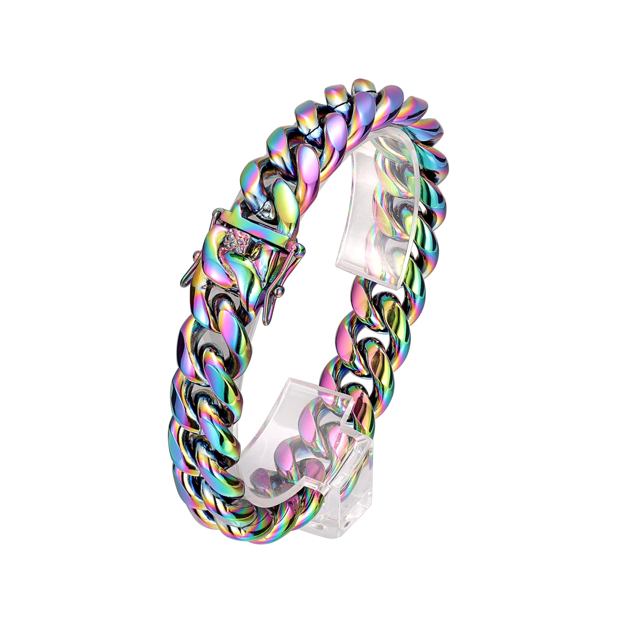 ROWIN&CO Stainless Steel Miami Cuban Link Bracelet for Men 15mm 18k Gold/Black/Silver/Rainbow Hip Hop Jewelry, Durable & Anti-Tarnish Cuban Chain, 8"-