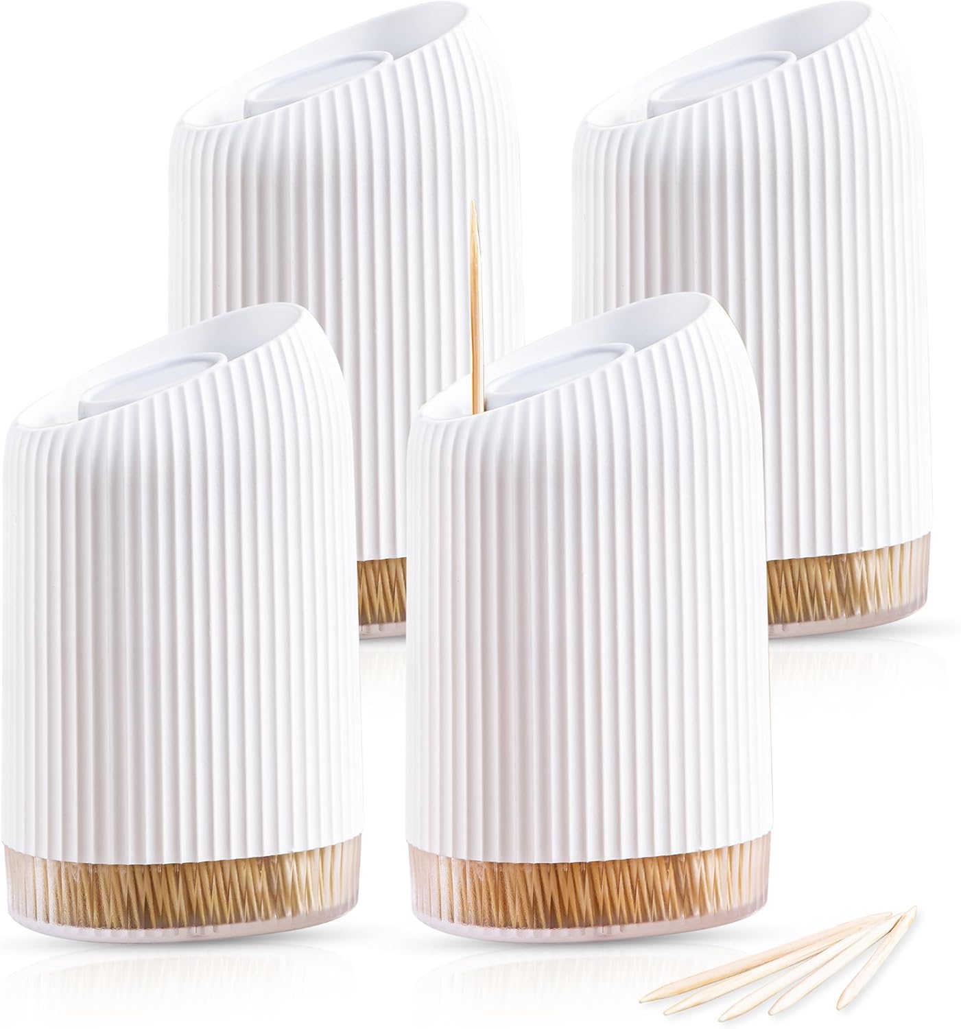 4 Pack Premium Toothpicks in Reusable Toothpick Holder Dispenser, Sturdy Smooth Health Toothpicks for Party, Bar, Olive, Barbecue, Fruit and Teeth Cleaning (4)