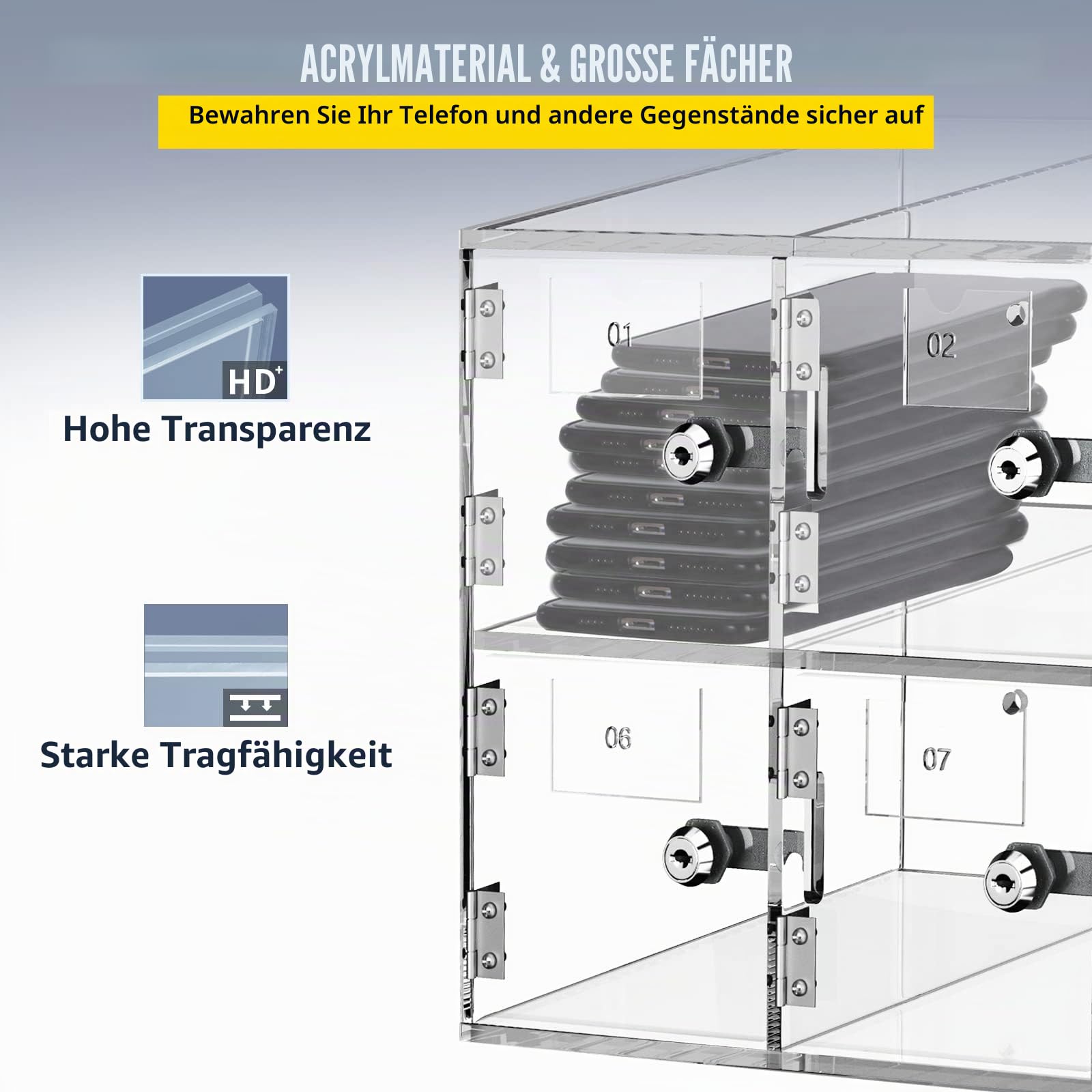 VEVOR Handy-Aufbewahrungsspind, 10 Fächer aus Acrylmaterial mit Türschlössern und Schlüsseln, Wandschrank, Taschenbüro, Klassenzimmer, Fitnessstudio, Box, Transparent Gewerbe, Industrie & Wissenschaft