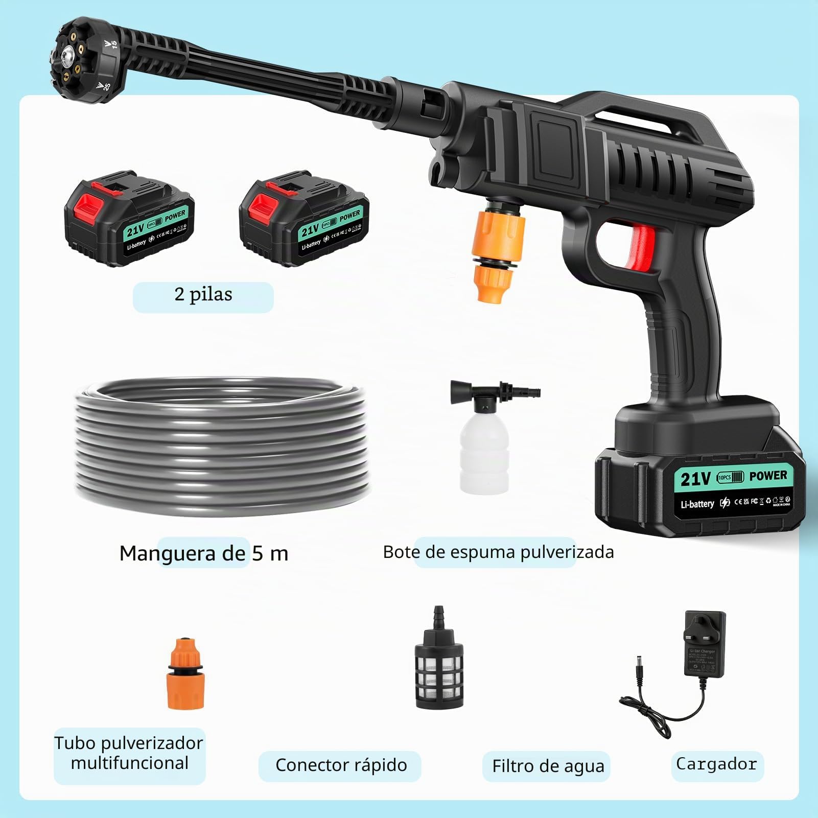 Sararoom - Limpiador de alta presión inalámbrico (máximo 80 bar, 270 l/h, pistola de alta presión con batería, portátil a presión Washer | 2 baterías, boquilla ajustable 6 en 1, manguera 5 m, para