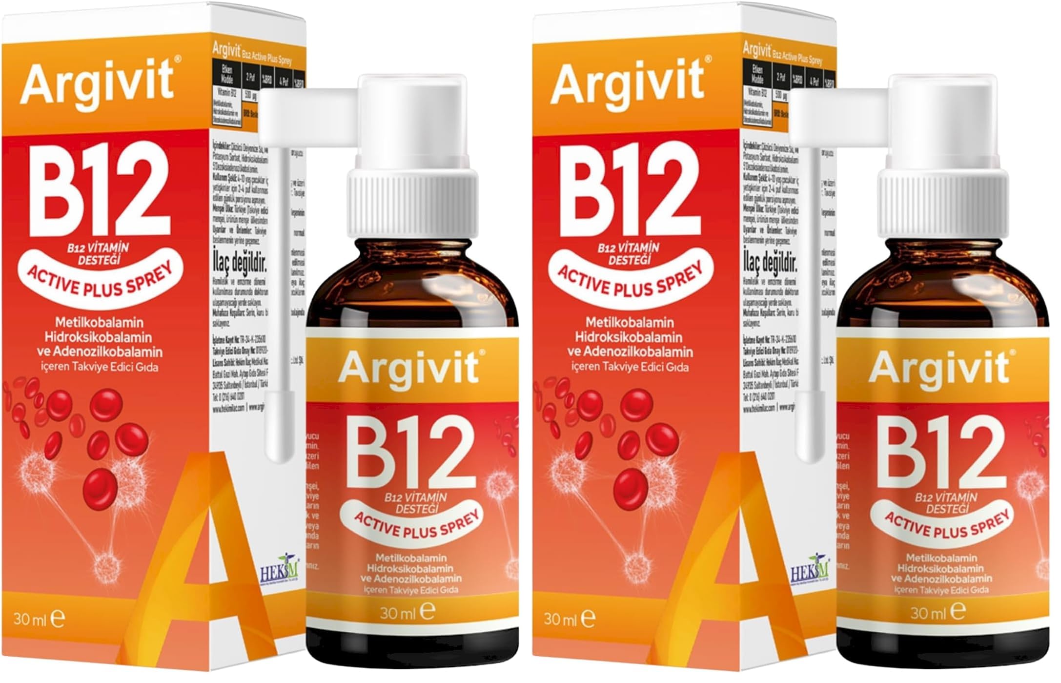 Argivit B12 Active Maxi 1000 Sprey ve Metilkobalamin, Hidroksokobalamin ve Adenosilkobalamin (30 ml) (2 paketi)