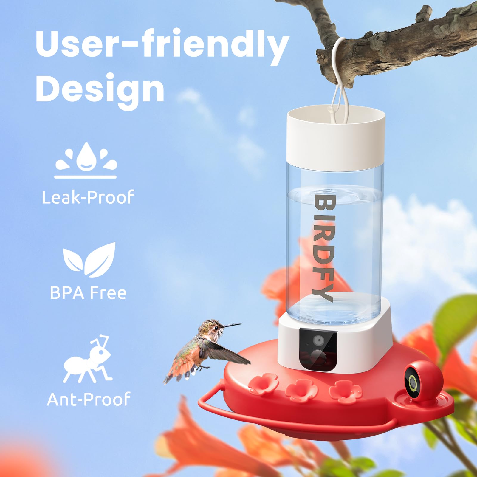 Birdfy Hummingbird Feeder with Dual Cameras AI Identify - 2K HD Smart Cameras, Close-Up Bird Video/Live Watching & Instant Notifications, Ant Moat & Leakproof - 20oz