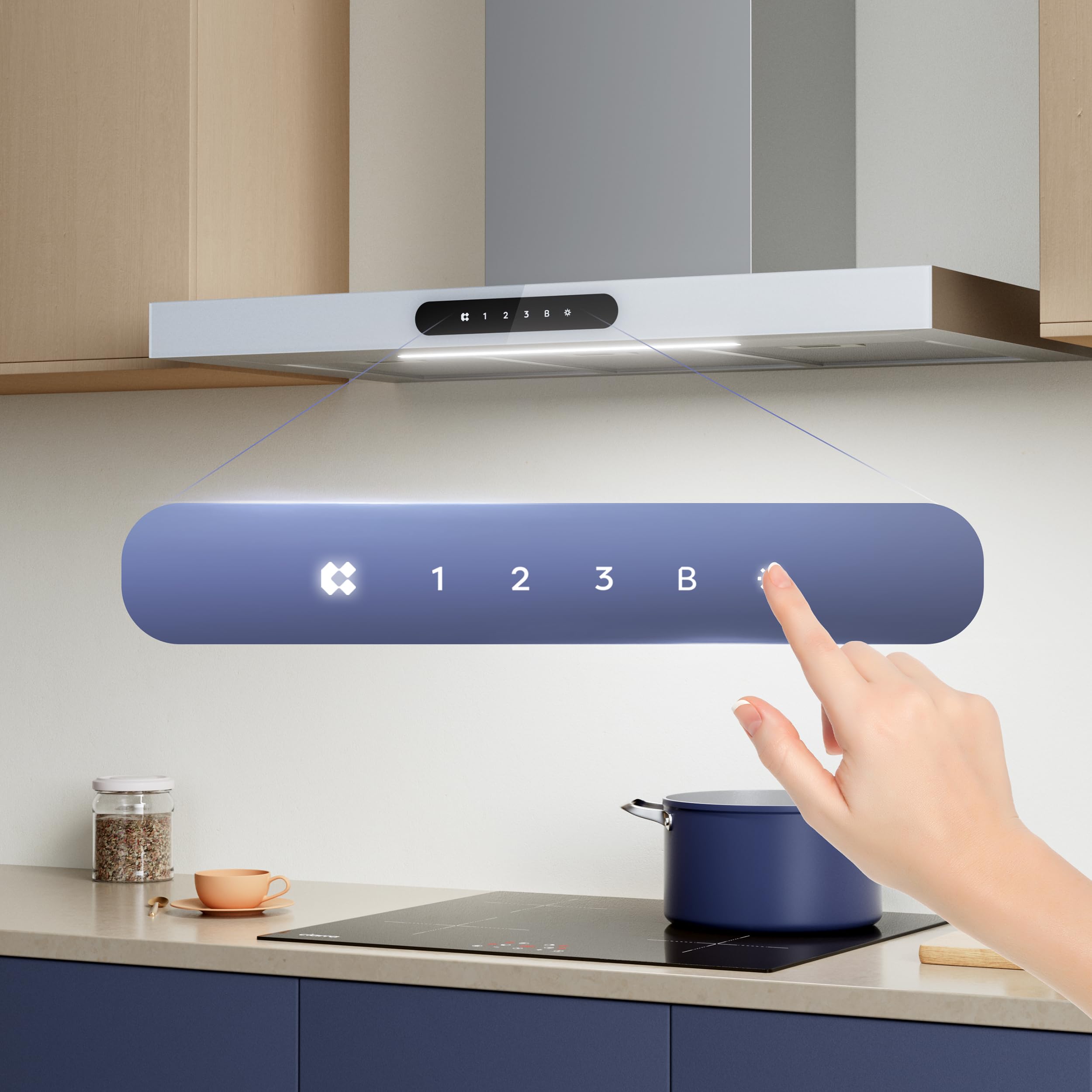 Ciarra Dynamic A+++ okap kuchenny 90 cm recyrkulacja CBCW9102 App SensorTouch sterowanie odprowadzanie powietrza okap wyciągowy 650 m³/h z możliwością przyciemniania oświetlenia LED okap ścienny stal