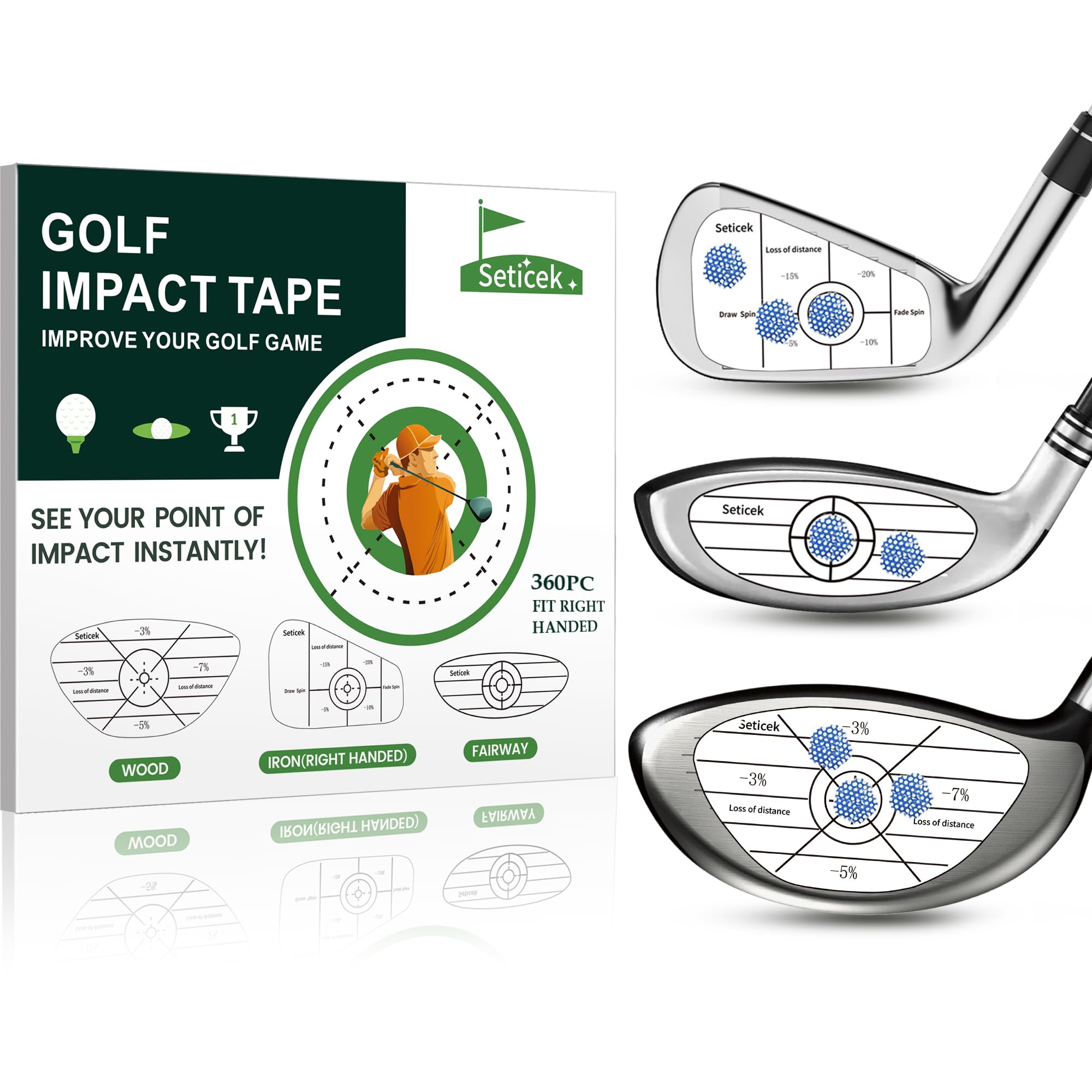 Seticek Pack of 360 High Resolution Adhesive Tapes for Wood Clubs, Iron and Course, Self-taught, Strike Point Analysis and Consistency, Useful Training Aid to Improve