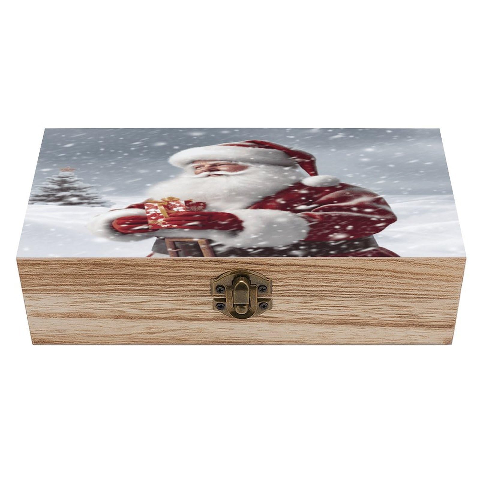 JTREHY Santa Claus Snow Secenry Wooden Keepsake Box Vintage-Style Wood Keepsake Case with Hinged Lid Solid Wood Boxes Beautifully Memory Treasure Case Vintage-Style Wooden Storage Box