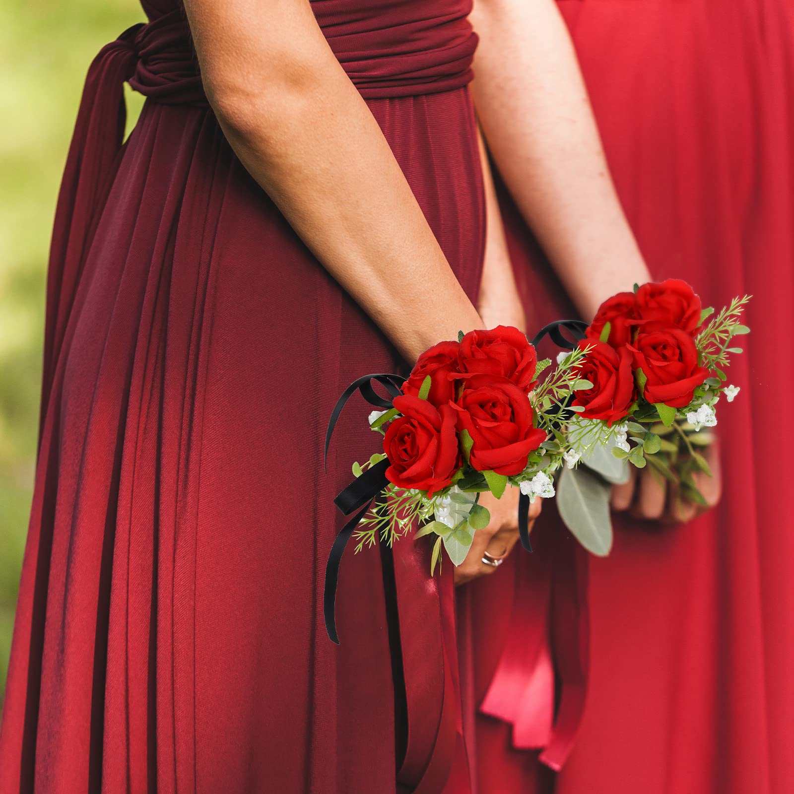 Yunlly 2 Pcs Boutonniere Wrist Corsage Set Artificial Rose Wine Red Corsage  Wristband Boutonniere Flower Decor Wrist Corsage for Men Women Bride 