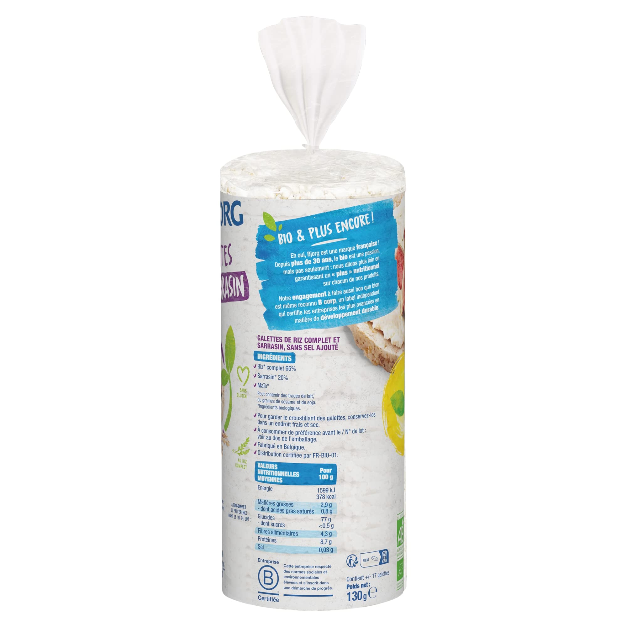 BJORG - Galettes Riz Au Sarrasin Bio - Sans Sel - Source de fibres - Sans Sel ajouté - Sans Gluten - 130 g