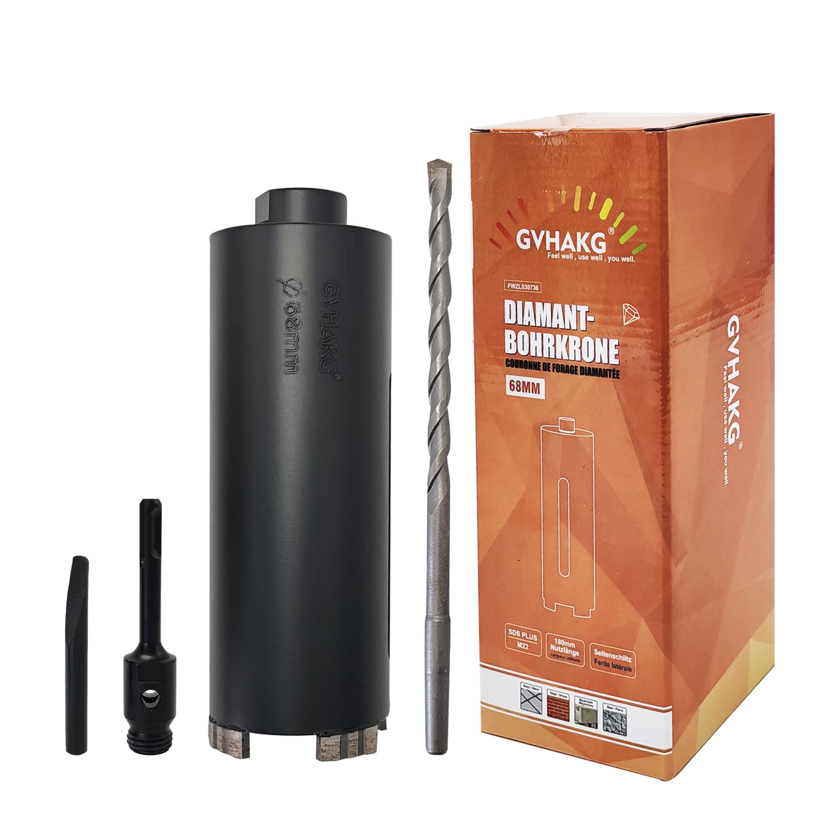 GVHAKG Diamantbohrkrone 68 mm,Dosensenker 200 mm Länge Segmenthöhe 10 mm,Dosenbohrer mit M22 SDS-Plus Adapter für Beton, Ziegel,Mauerwerk und Stein