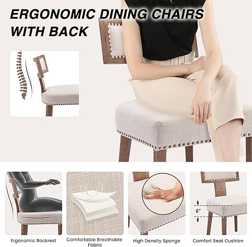 Miniatura 4 de HNY Juego de 4 sillas de comedor modernas de mediados de siglo, sillas de acento tapizadas en tela de lino estilo granja con respaldo curvado y