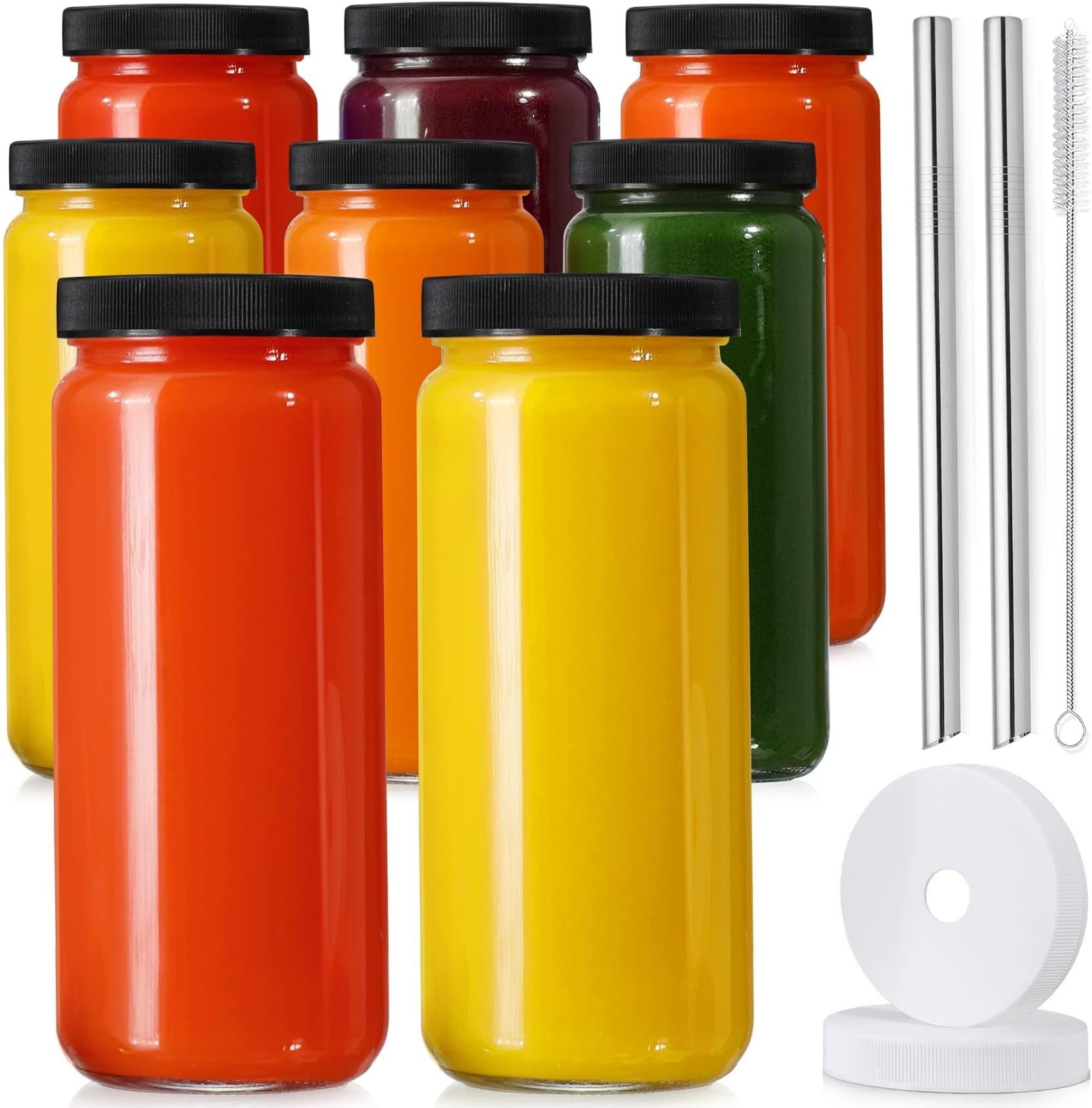 8 Pack Glass Juice Bottles with 8 Airtight Lids & 2 Straw Hole Lids & 2 Straws - 16OZ Travel Juicing Jars, Drinking Water Cups - Reusable Tall Mason Jar for Juice, Bubble Tea, Smoothie, Kombucha