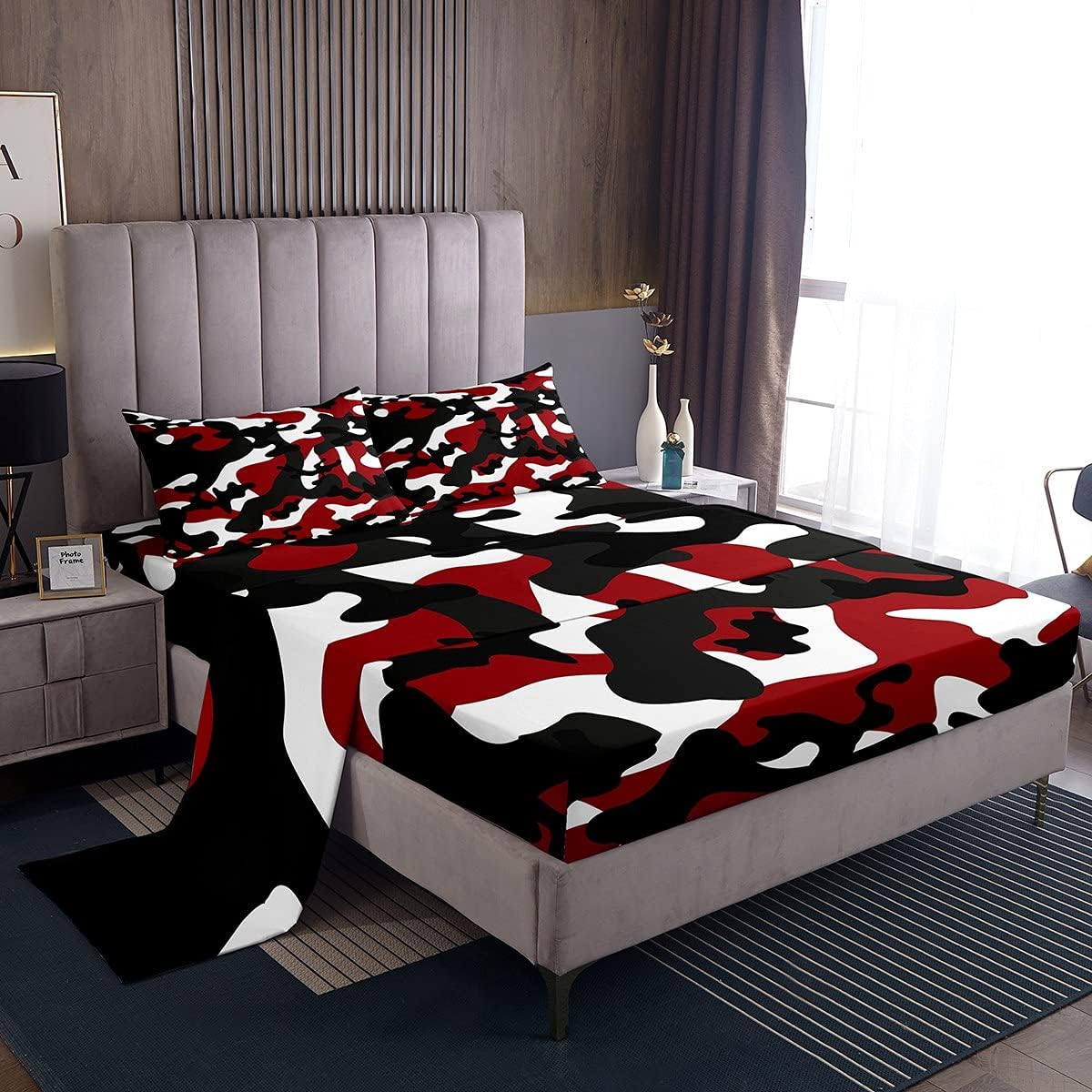 Kids Boys Camo Bed Sheets Army Camouflage Sheet Set for Girls Teens Youth Man Colorful Pattern Art Decor Bed Set Black Red White Sheets Full,1 Fitted Sheet+2 Pillow Sham+1 Flat Sheet Multi 1