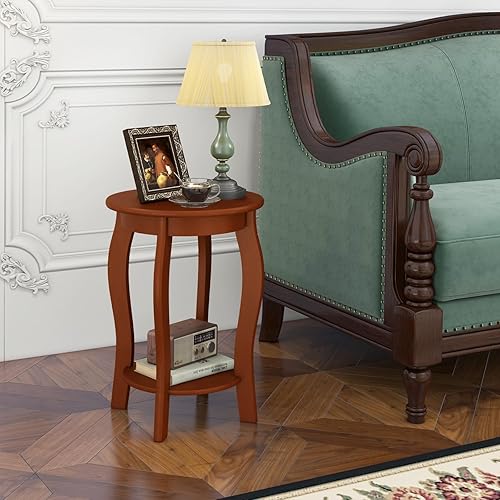 Miniatura 8 de Giantex Mesa auxiliar redonda de 2 niveles, mesa de teléfono de niveles estrechos con estante de almacenamiento, patas de madera maciza, mesa