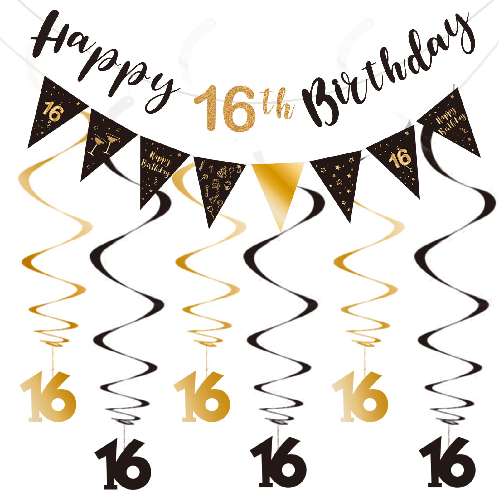 16th Birthday Decoration Kit, Happy 16th Birthday Banner Bunting Swirls Streamers, Triangle Flag Banner for Birthday Party Decorations Supplies Black