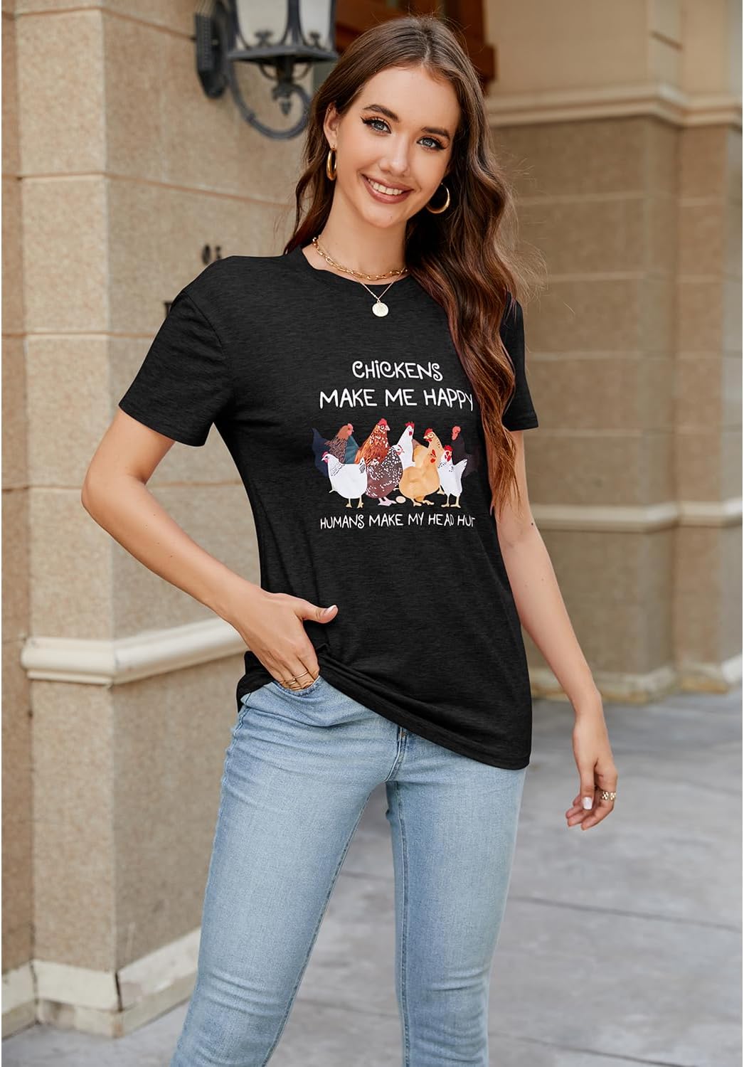 Women's Letter Print Short Sleeves Casual Tops Funny Chicken Graphic T-Shirt - Image 3