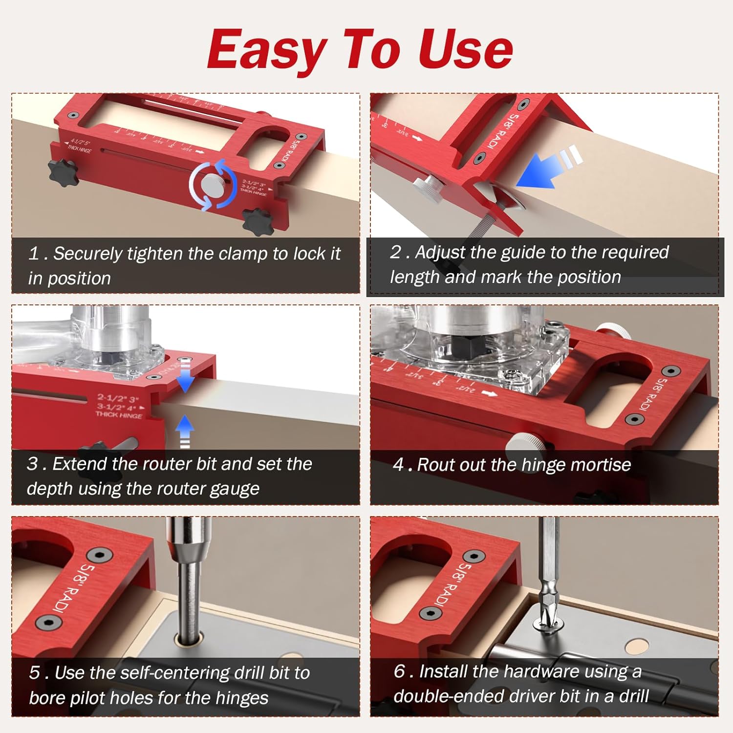 Door Hinge Jig and Door Lock Installation Kit, Aluminum Alloy Router Template for Hinge Mortising 2.5" to 5" with Square, 1/4" R, 5/8" R Corner Hinge, Hole Drilling Kit for Knob and Deadbolt