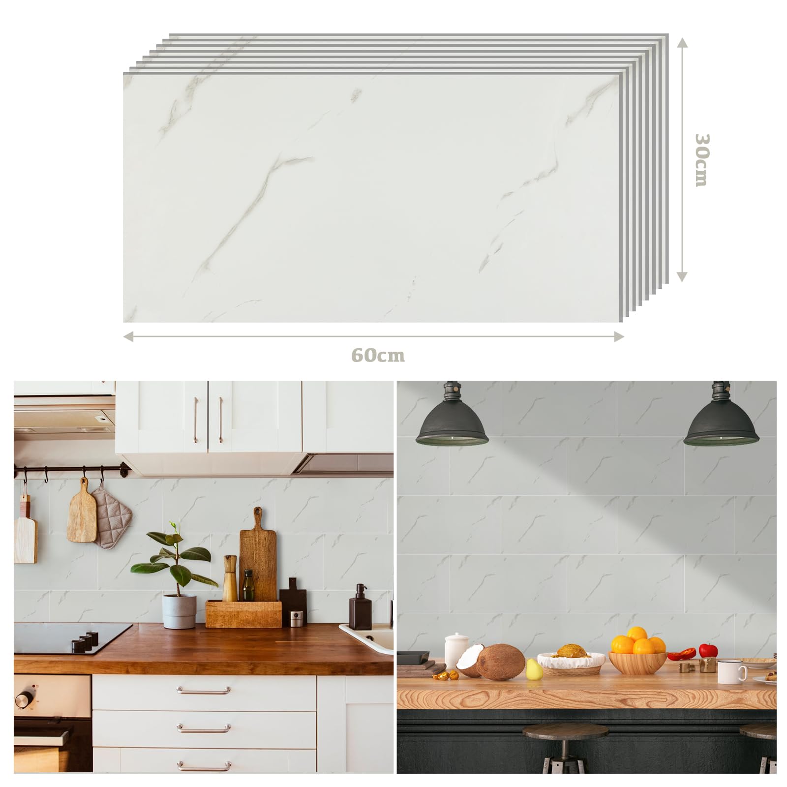 Alened Azulejos adhesivos para cocina, mármol, color blanco, 60 x 30 cm, 20 unidades