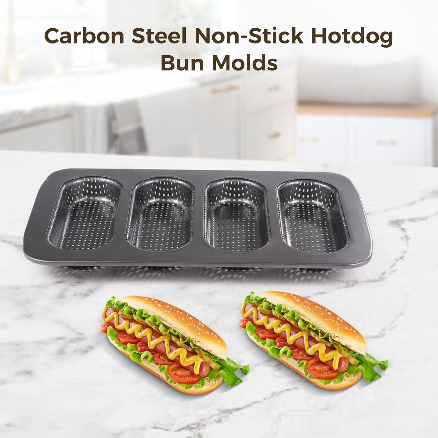 2 Pcs Hot Dog Bun Pans Set, Non-Stick Bread Forms, Perforated Holes Carbon Steel Hotdog Bun Molds, Mini Sandwich Baking Trays, for Crispy Hot Dog Bun Rolls