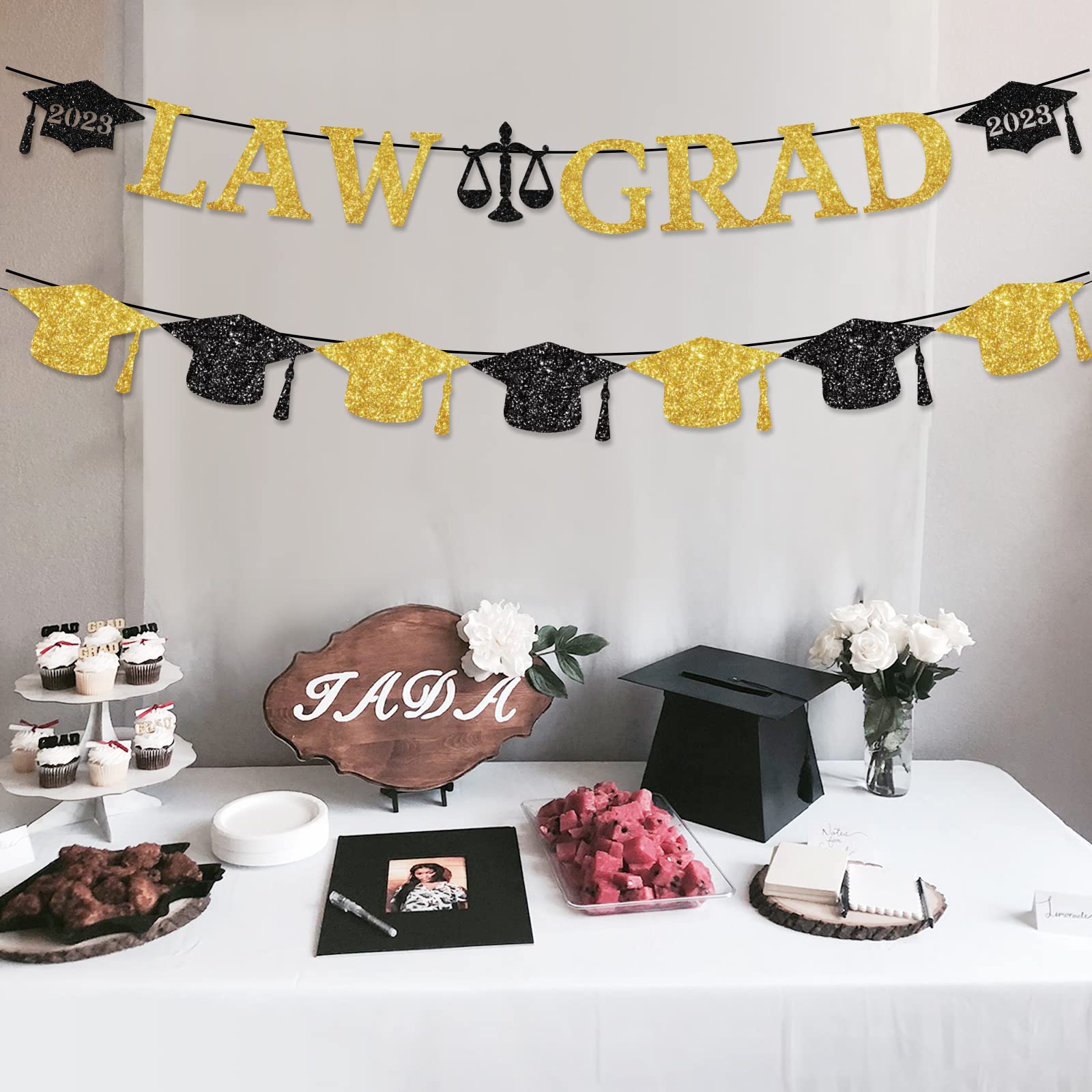 2 Banner Di Laurea In Giurisprudenza 2023 - Congrats Grad Avvocato Con Glitter E Ghirlanda Di Cappelli - Decorazioni Per Feste