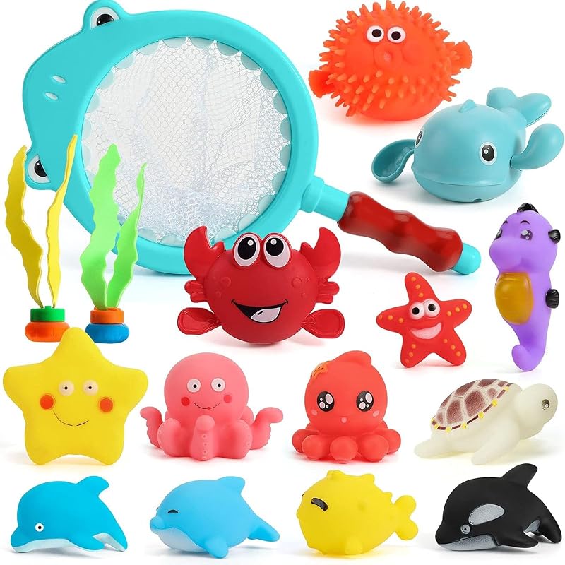 SHINDEL 16 piezas de juguetes de baño para bebé, tema de animales del océano | Juguetes flotantes para pileta, pileta de patio trasero con juegos acuáticos, regalos para niños pequeños y niñas, rellenos de contenedores sensoriales Montessori