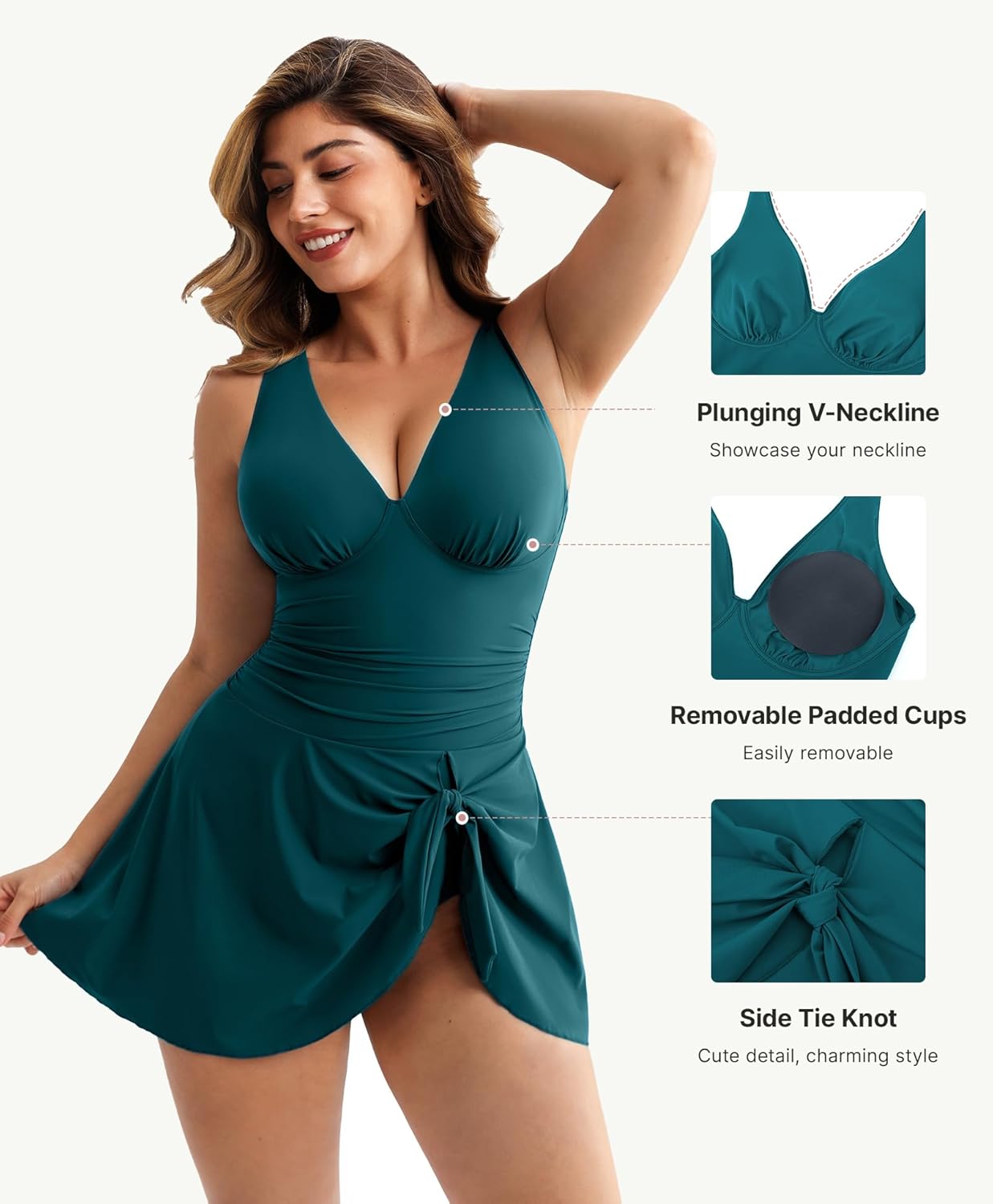 FeelinGirl Women's Tummy Control One Piece Swimsuit with Built-in Bra V Neck Skirted Swimsuit Dress