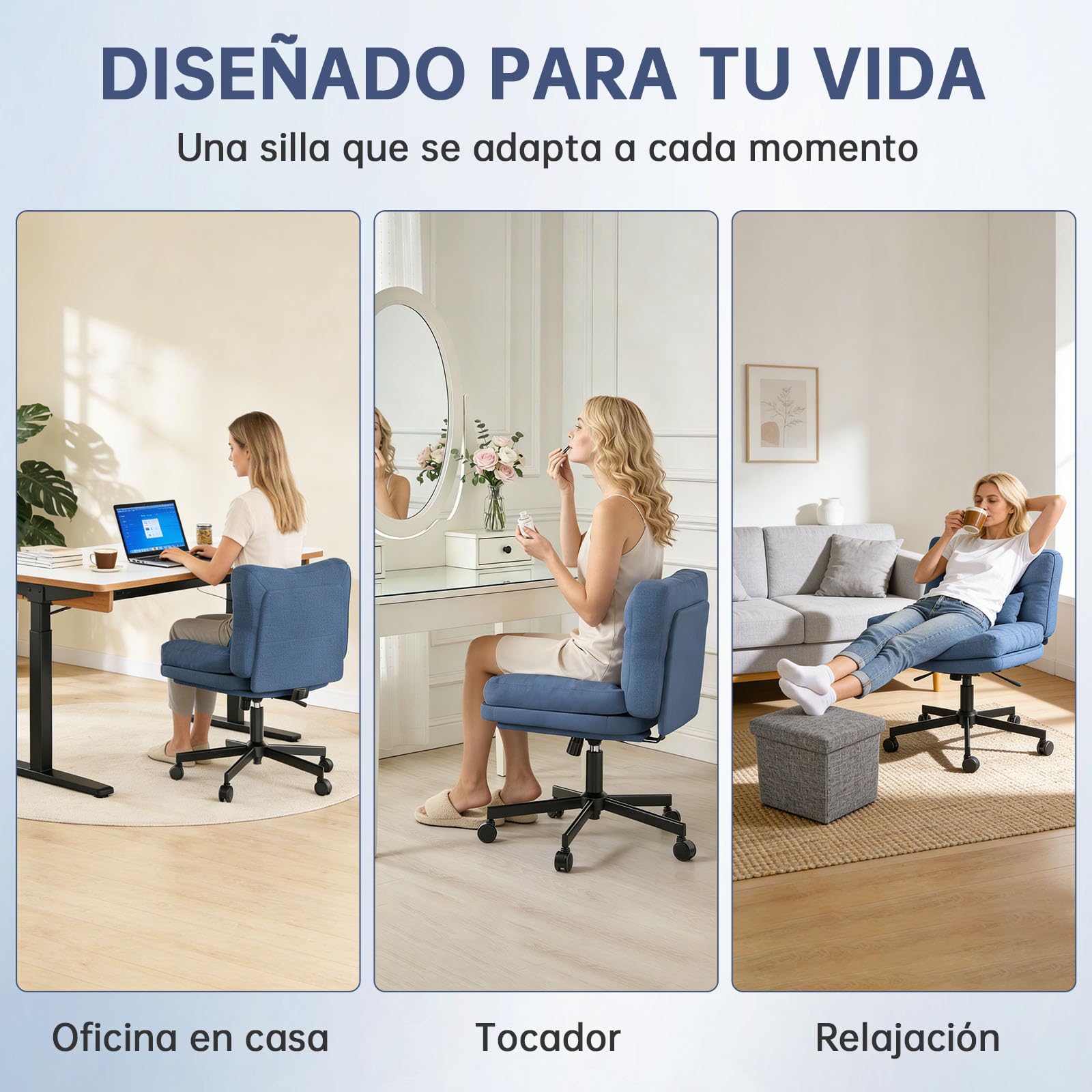 Silla Escritorio Ajustable en Altura Silla Oficina Ergonómica con Ruedas, Silla Tocador con Taburete de Almacenamiento, Silla Giratoria con cojín Grueso para Oficina, Estudio, Azul