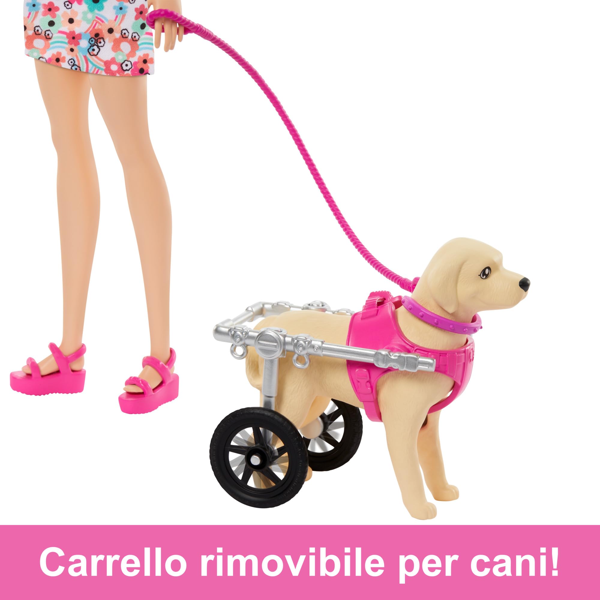 Barbie - Playset con bambola Barbie, 2 cuccioli e tanti accessori per gli animali inclusi, 1 cucciolo in carrozzina rimovibile con ruote funzionanti, giocattolo per bambini, 3+ anni, HTK37
