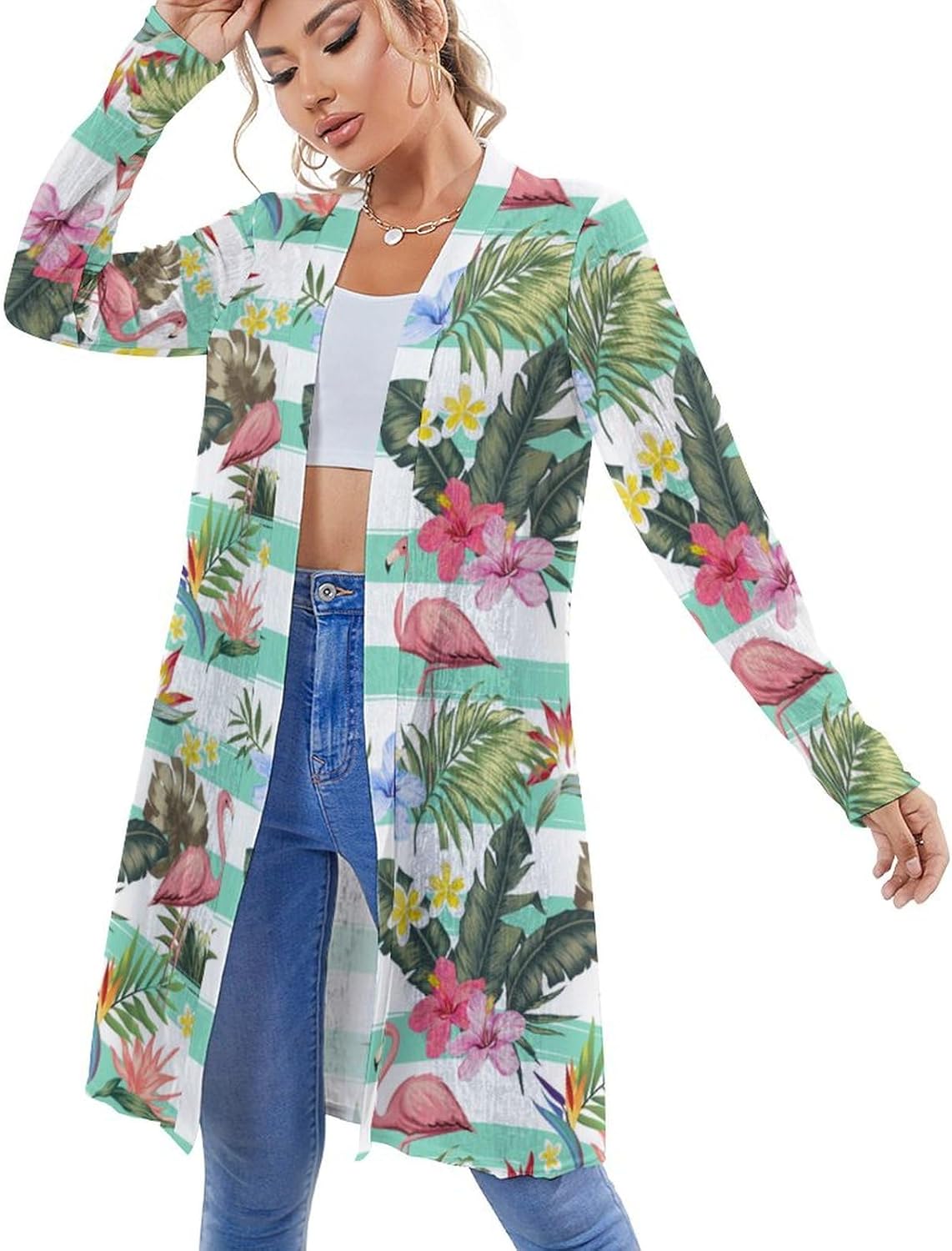 Tropical Hawaii Neon Palm Leaves Women's Medium Length Cardigan Thin Long Sleeve Cover Up Summer Open Front Tops