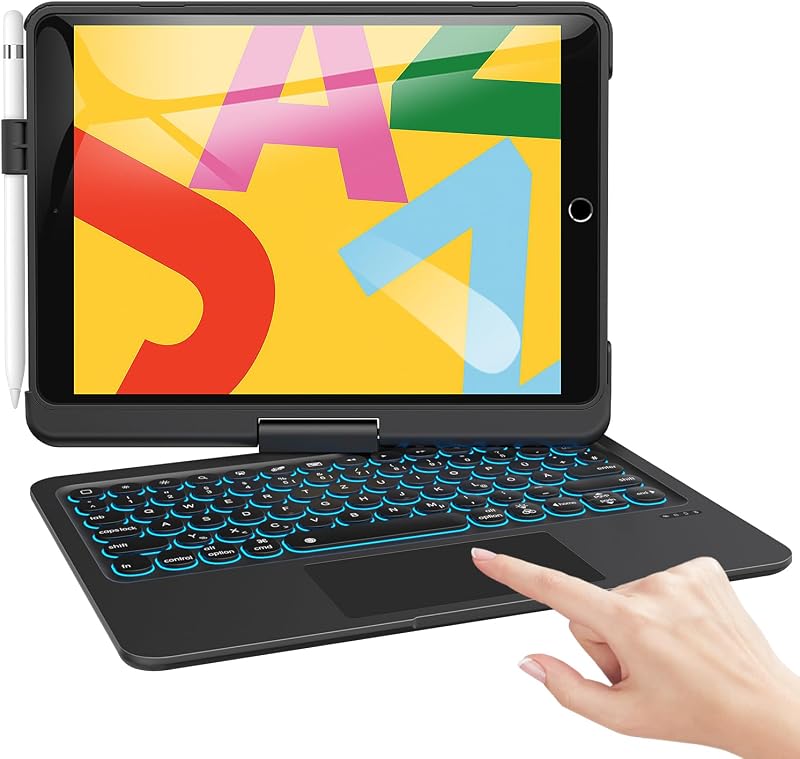 TECURS Billentyűzetes Tok iPad 10.2 Hüvelyk 9./8./7. Generációhoz, 360° Forgatható, Ceruza Tartóval, QWERTZ, Fekete