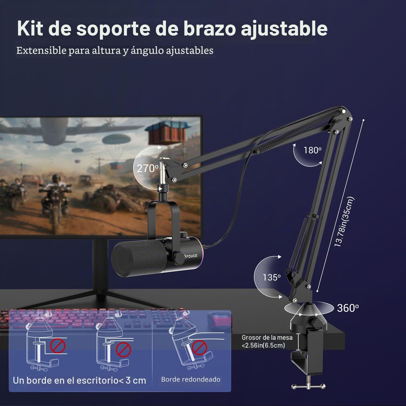FDUCE - Kit de micrófono de juego USB/XLR, micrófono dinámico para PC para podcasting y transmisión, kit de micrófono RGB para computadora con soporte de brazo extensible, botón de silencio y conector