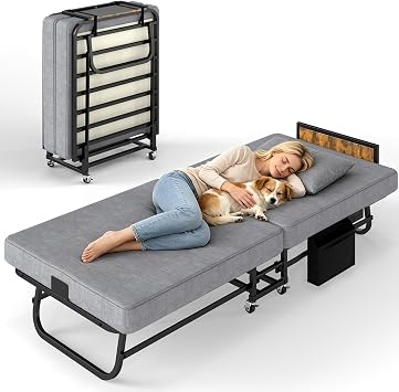 UINTAI Folding Bed, Portable Foldable Bed for Adults, 75" x 31" | Roll Away Bed Guest Bed on Wheels, Metal Frame, Headboard, Dustproof Cover, Charging Station, Space Saving, Easy Storage