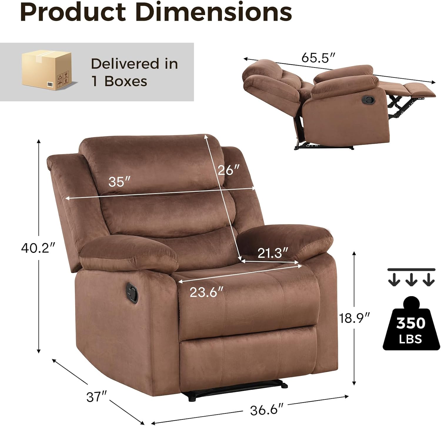 CANMOV Manual Recliner Chair for Adults, Upholstered Fabric Sofa Chair with Overstuffed Arms and Back, Manual Single Sofa for Living Room & Bedroom, Brown