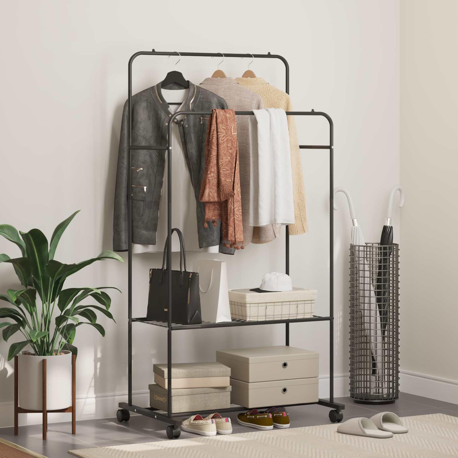 Kleiderständer mit Regal und Rollen Schwarz 80 x 53 x 156 cm Metall Garderobenständer mit Ablage für Flur Schlafzimmer und Ankleidezimmer platzsparend Organizer modern
