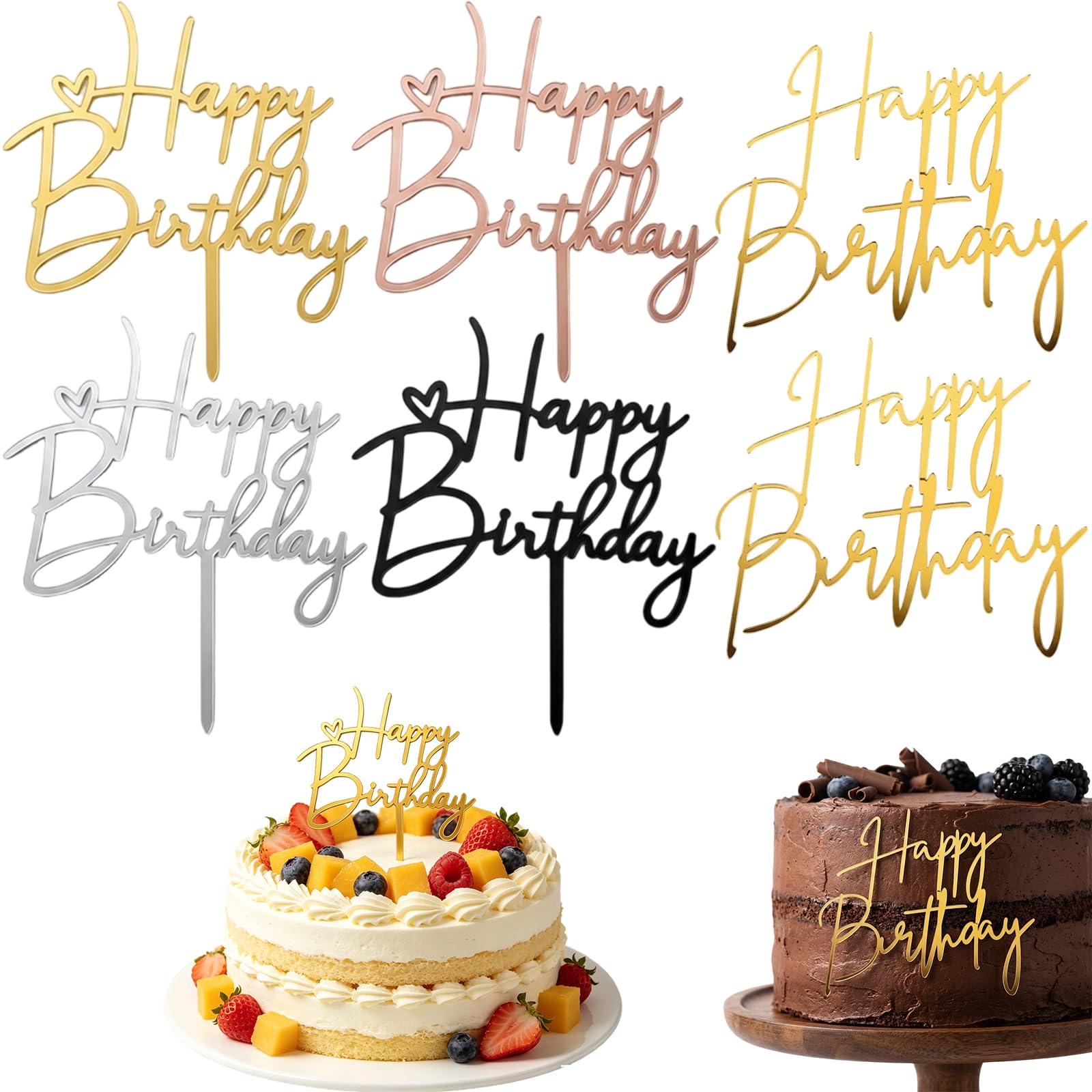 Happy Birthday Cake Topper, Six-Piece Birthday Decorations Set With Four Cake Toppers And Two Side Decorations, Elegant Gold Rose And Metallic Accents, Reusable Birthday Party Supplies