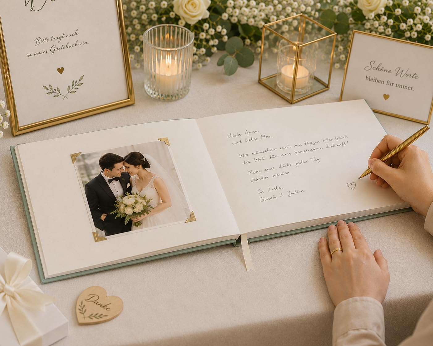 Gästebuch Hochzeit, Gästebuch für Erinnerungen, 100 Blanko Seiten, Hochwertiges Hardcover Hochzeitsbuch Gästebücher, Edle Gold Prägung, 19x24 cm Hochzeitsalbum Hochzeitsgästebuch (Grün)