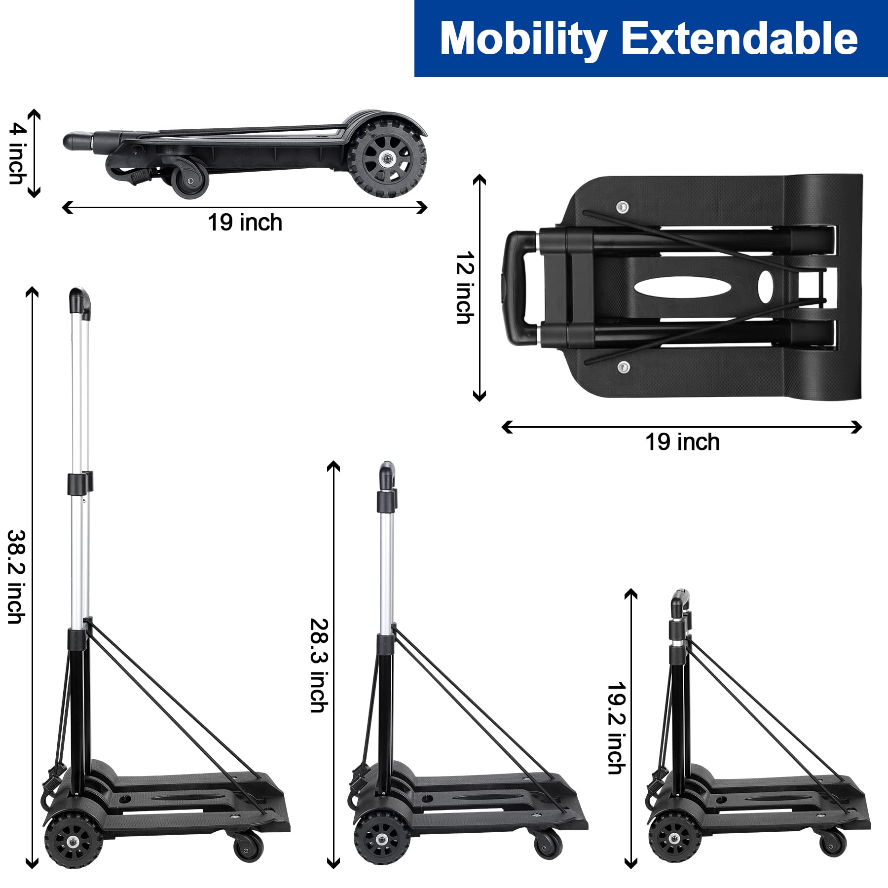 Folding Hand Truck, 75 Kg/165 lbs Heavy Duty Solid Construction Utility Cart Compact and Lightweight for Luggage, Personal, Travel, Auto, Moving and Office Use - Portable Fold Up Dolly(4 wheel-rotate)