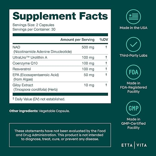 Miniatura 5 de Suplemento liposomal NAD+ con resveratrol, urolitina A, CoQ10 y Giloy (hecho y probado en Estados Unidos) Suplemento NAD para energía celular,