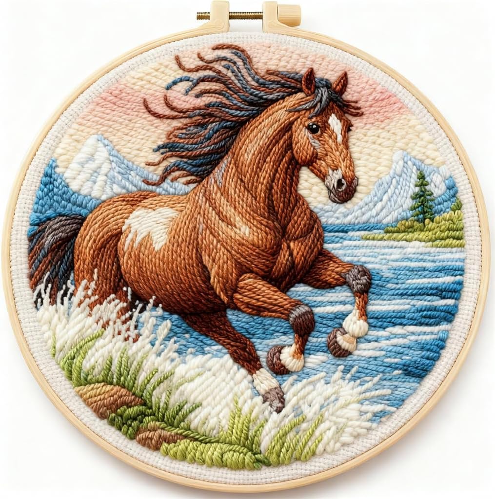 DIY Punch Needle Kits Running Brown Horse in Water Easy for Beginners Starter Set with Hoop Needlepoint Embroidery Craft Hobby and Home Decor 20x20cm