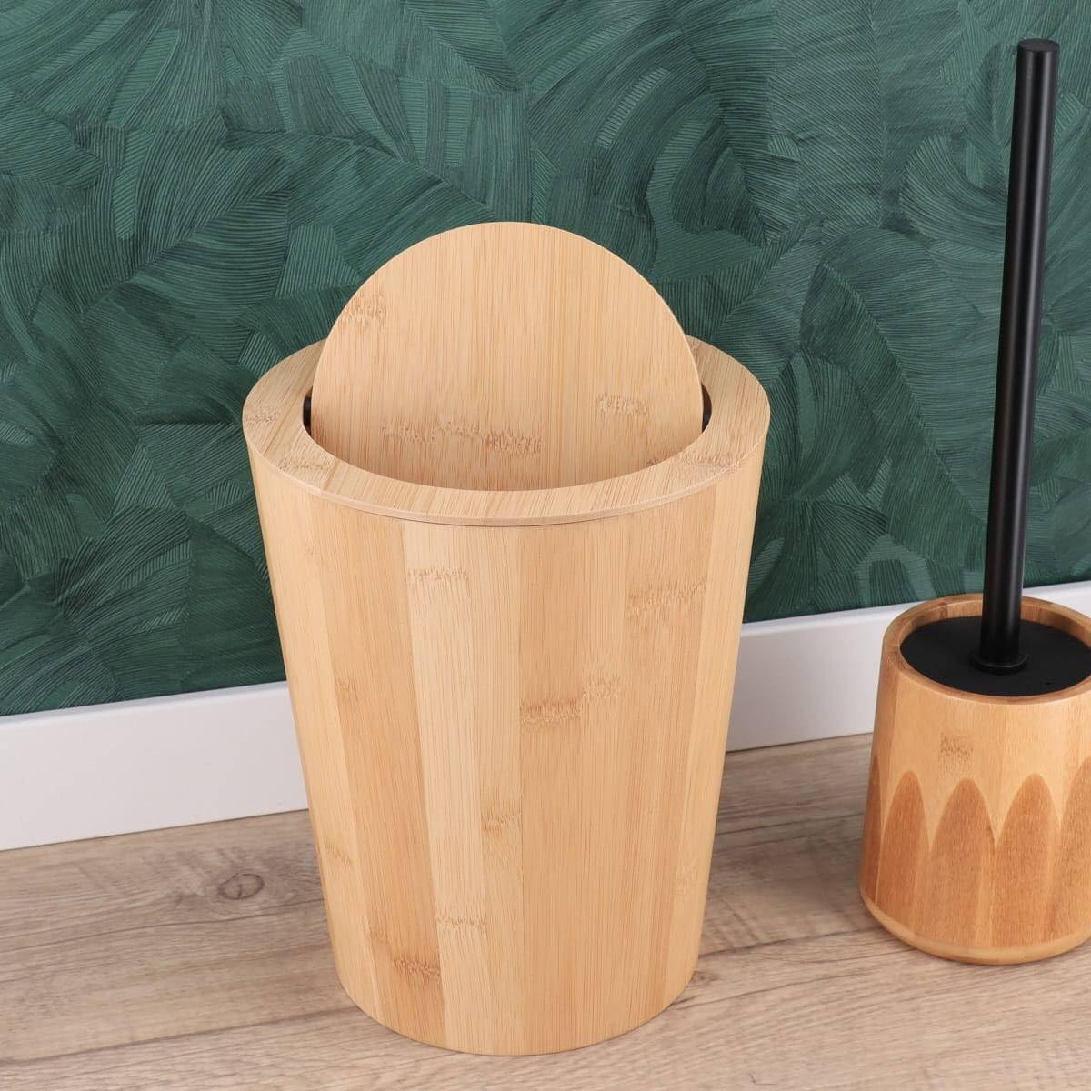 Tendance - Poubelle Bambou avec Couvercle Inclinable 4,5L - Bambou - Salle de Bain - Poubelles et Brosses WC