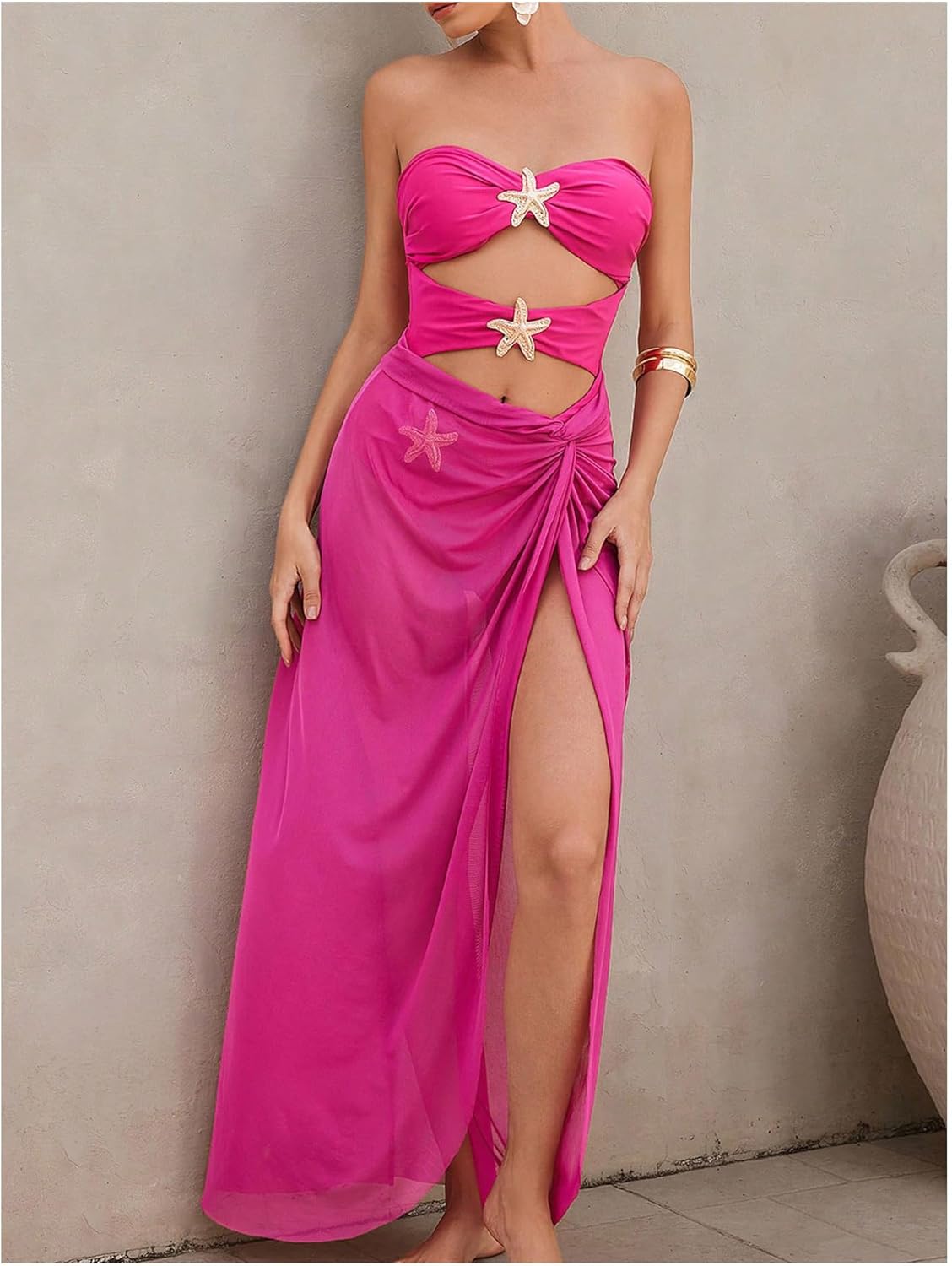 WDIRARA Women's Metallic Starfish Cut Out Strapless Bandeau Swimsuit with Cover Up Skirt 2 Piece Bathing Suit