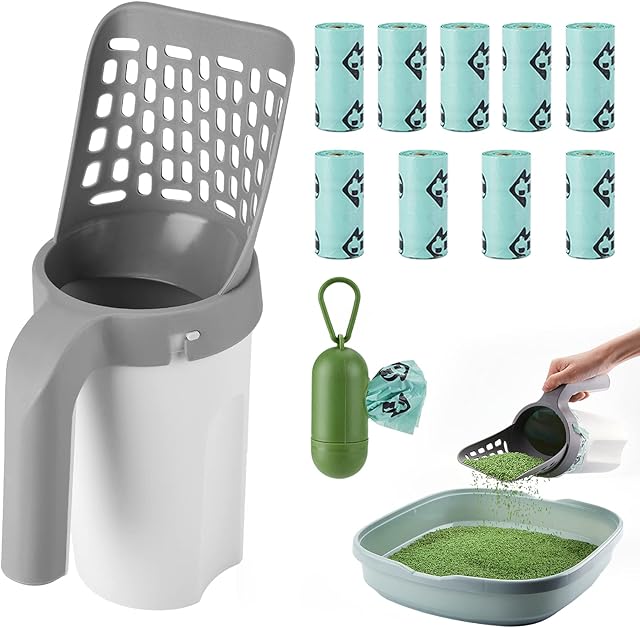 MYPIN Cat Litter Scoop, Upgraded Cat Litter Scoop with Holder Litter Shovel with Bag and Waste Can Cat Scooper with Extra 135 Count Litter Waste Bags, Large Capacity Portable Litter Shovel