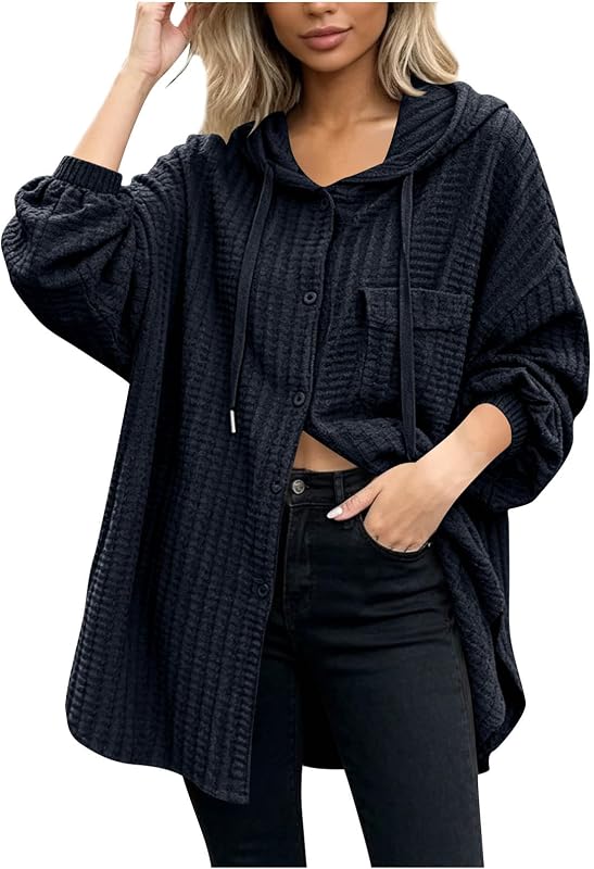 Womens Hooded Button Down Coat Long Loose Jacket