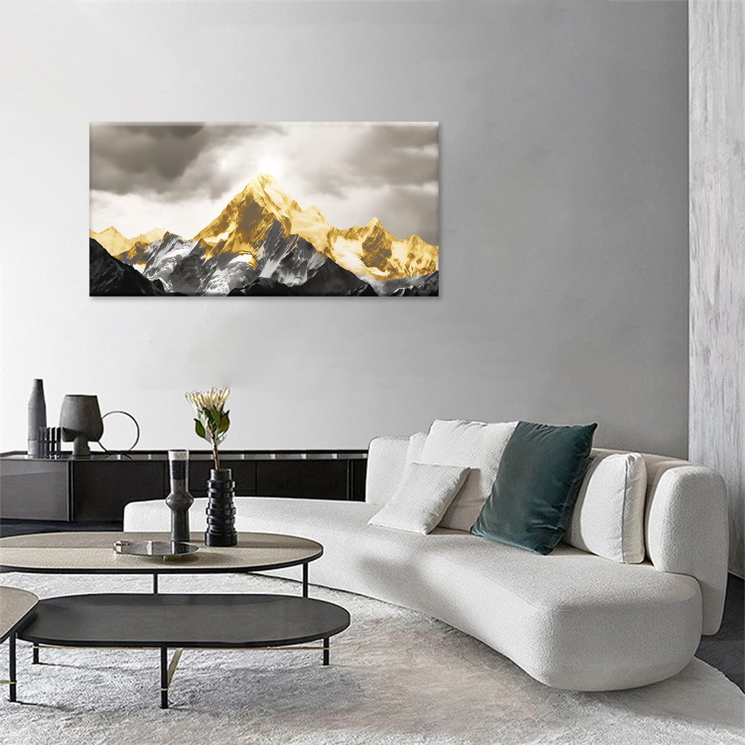 MODOJOART Mountain Canvas Wall Art, Black and White Gold Spectacular Mountains Poster Picture Modern Nature Landscape Painting Print for Study Office Decor(Artwork-02, 16"x8")
