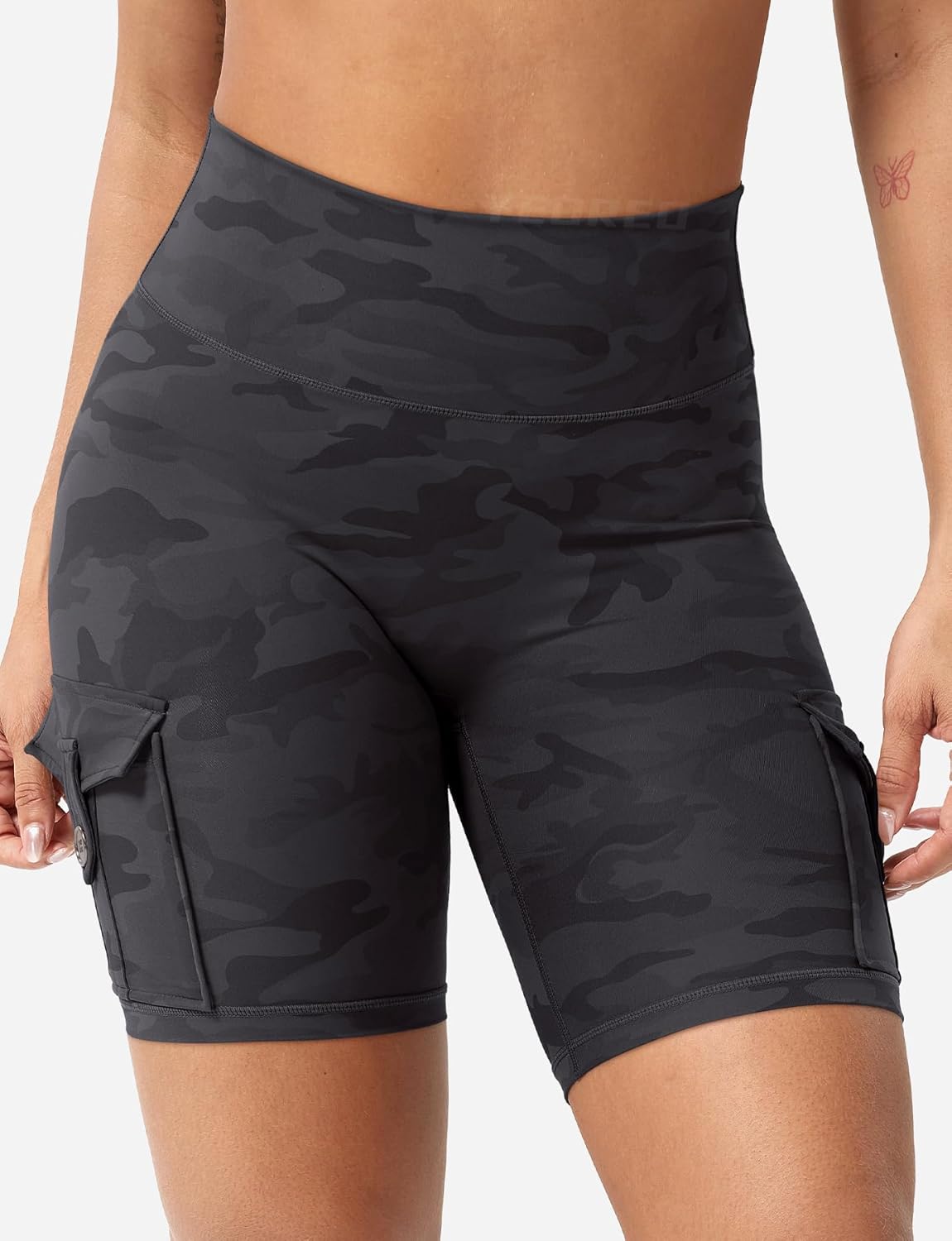 YEOREO CoreFlex Women Workout Biker Shorts with Cargo Pockets Hidden Scrunch High Waisted 8" Inseam Gym Shorts