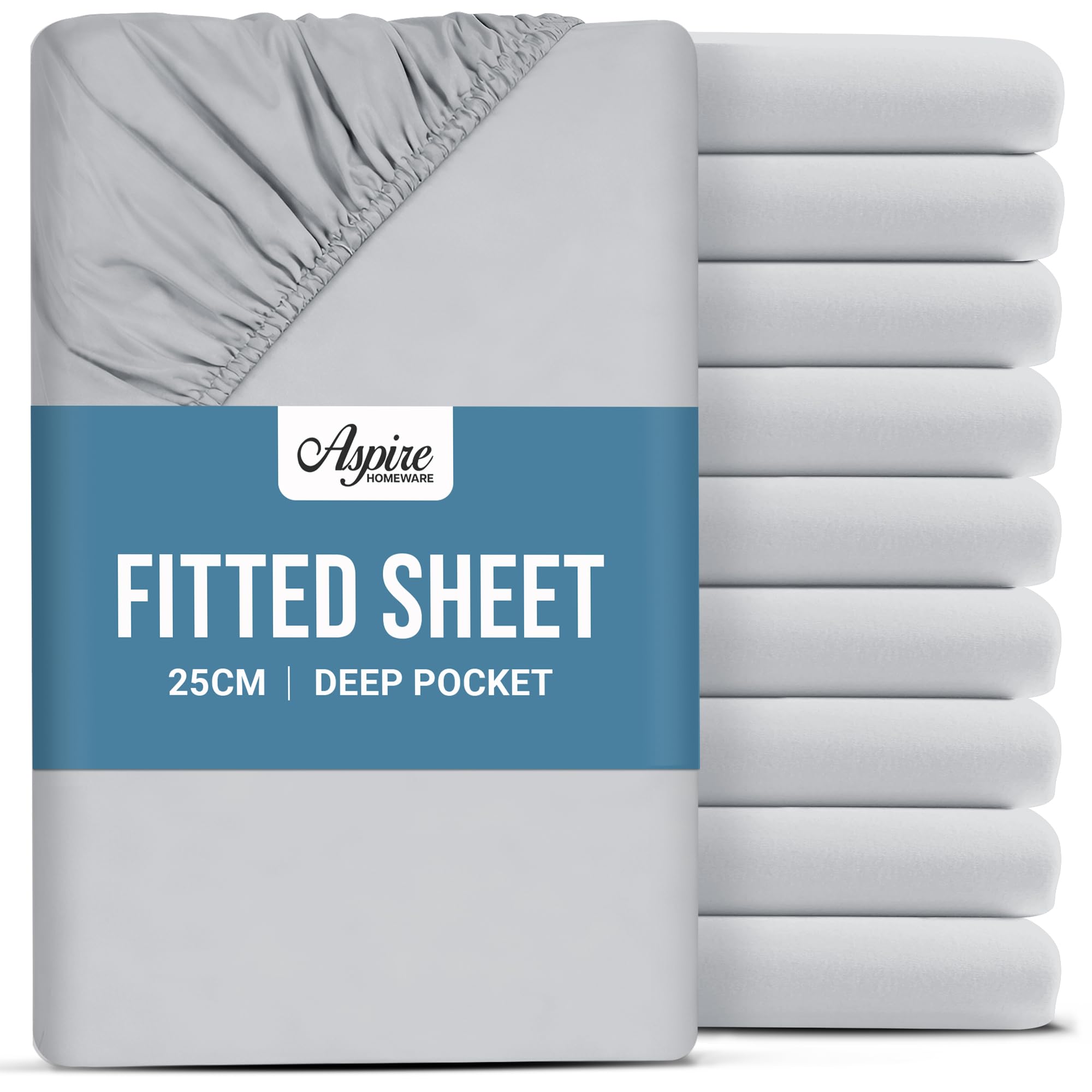 Aspire Homeware Super King Fitted Sheet 10 Pack - 25 cm Deep Hotel Quality (Silver) Bed Sheets - Soft & Breathable Superking Fitted Sheet - Anti-Wrinkle Easy Care Fitted Sheets โ image 1