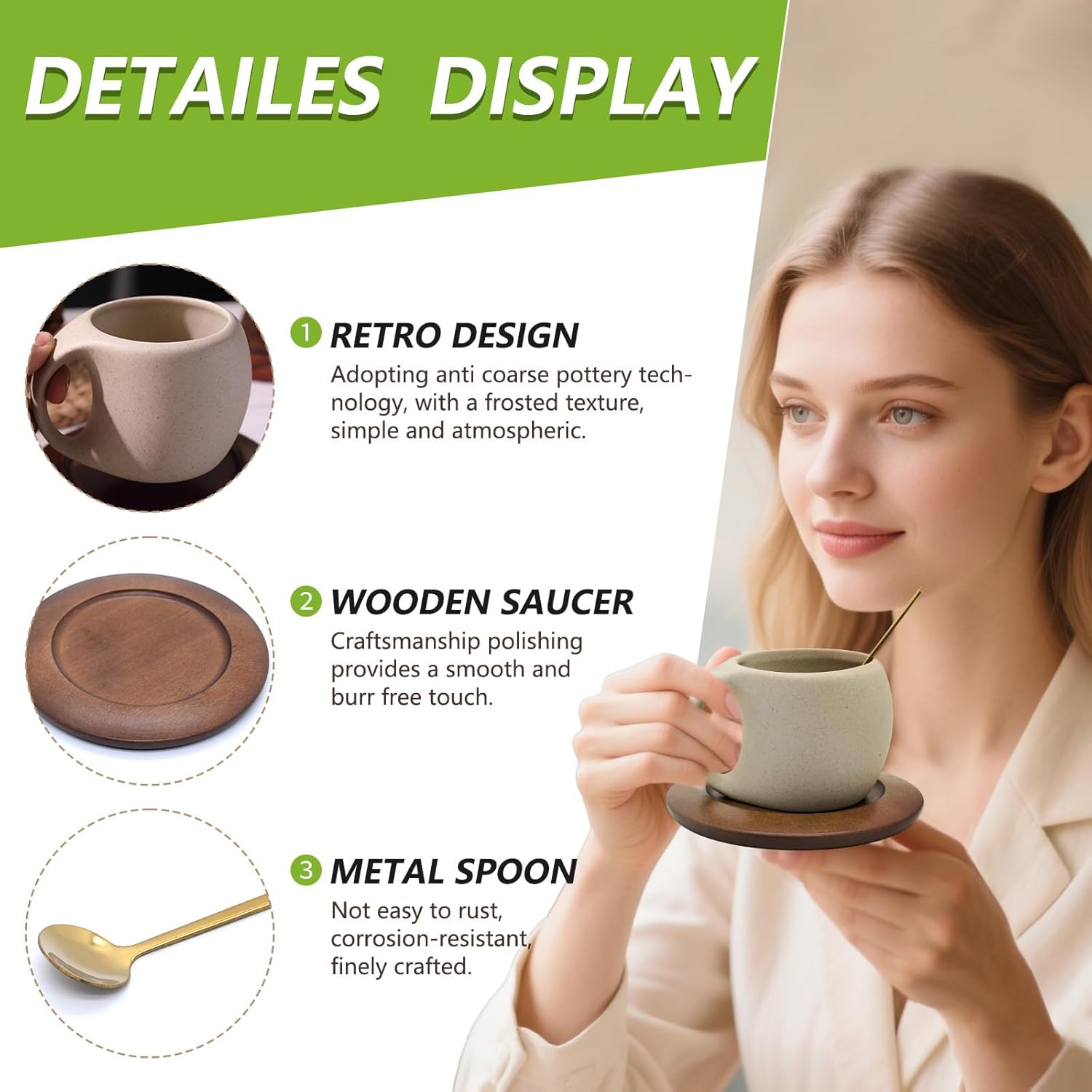 Ceramic Coffee Mug Set with Natural Wood Saucer & Spoon - 8.5 Oz Elegant Tea Cups for Latte, Hot Tea, Cappuccino, Milk - Microwave & Dishwasher Safe Cups for Men Women Birthday Christmas Gifts - Image 4