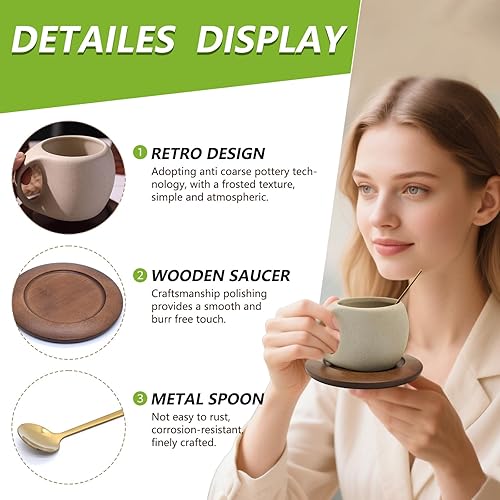 Miniatura 4 de Juego de tazas de café de cerámica con platillo de madera natural y cuchara, tazas de té elegantes de 8.5 onzas para café con leche, té caliente,